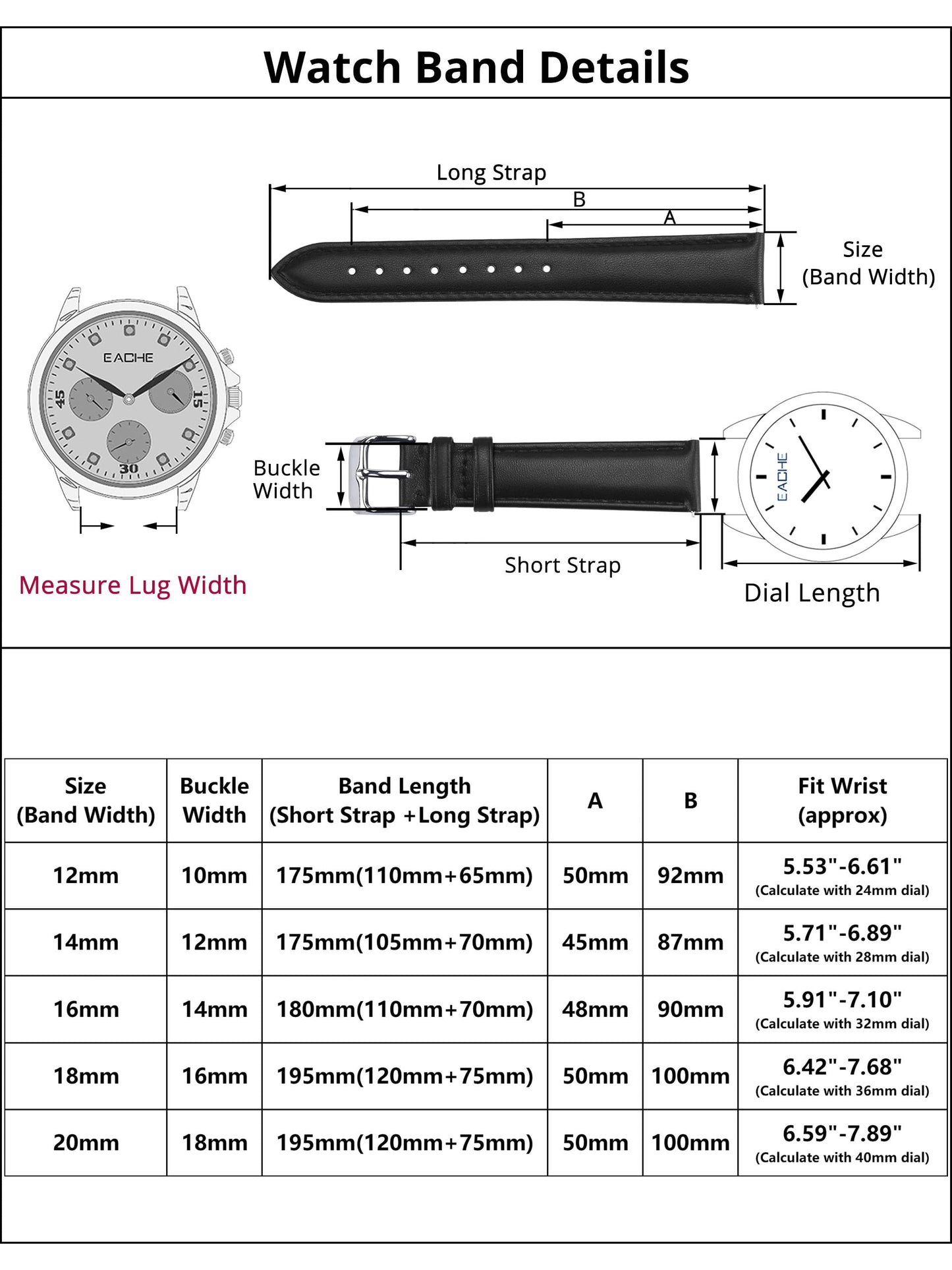 EACHE 12mm Leather Watch Bands for Women Ladies Quick Release Black Leather Watch Band Replacement Strap with Gold Buckle