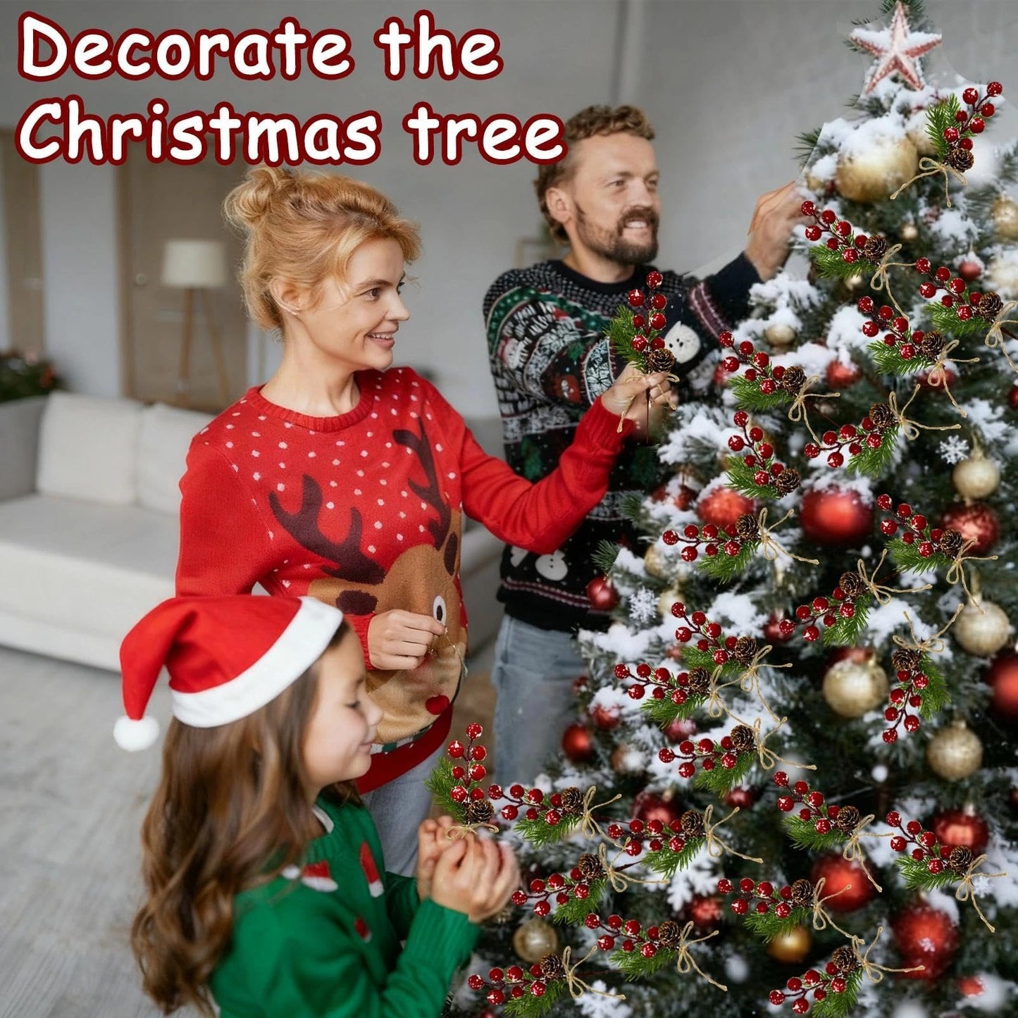 Tebiefat 20 Pcs Artificial Pine Cone Snowflake Red Berry Picks Stems, 7.1" Fake Frosted Holly Berries Needles Branches with Pinecones Christmas Sprays Floral Leaves Xmas Tree DIY Holiday Party Decor