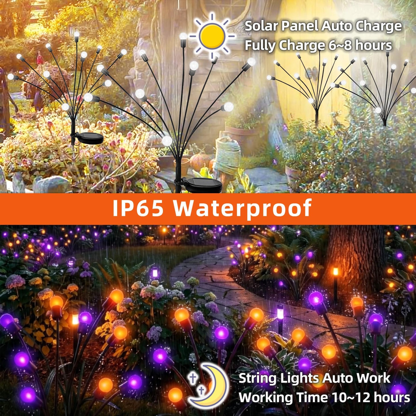 Sukesou Halloween Firefly Solar Lights, 2 Pack 6 LED Orange Purple Swaying Pathway Lights, IP65 Waterproof Auto Dusk to Dawn Outdoor Landscape Lights for Yard Patio Lawn Party Decor