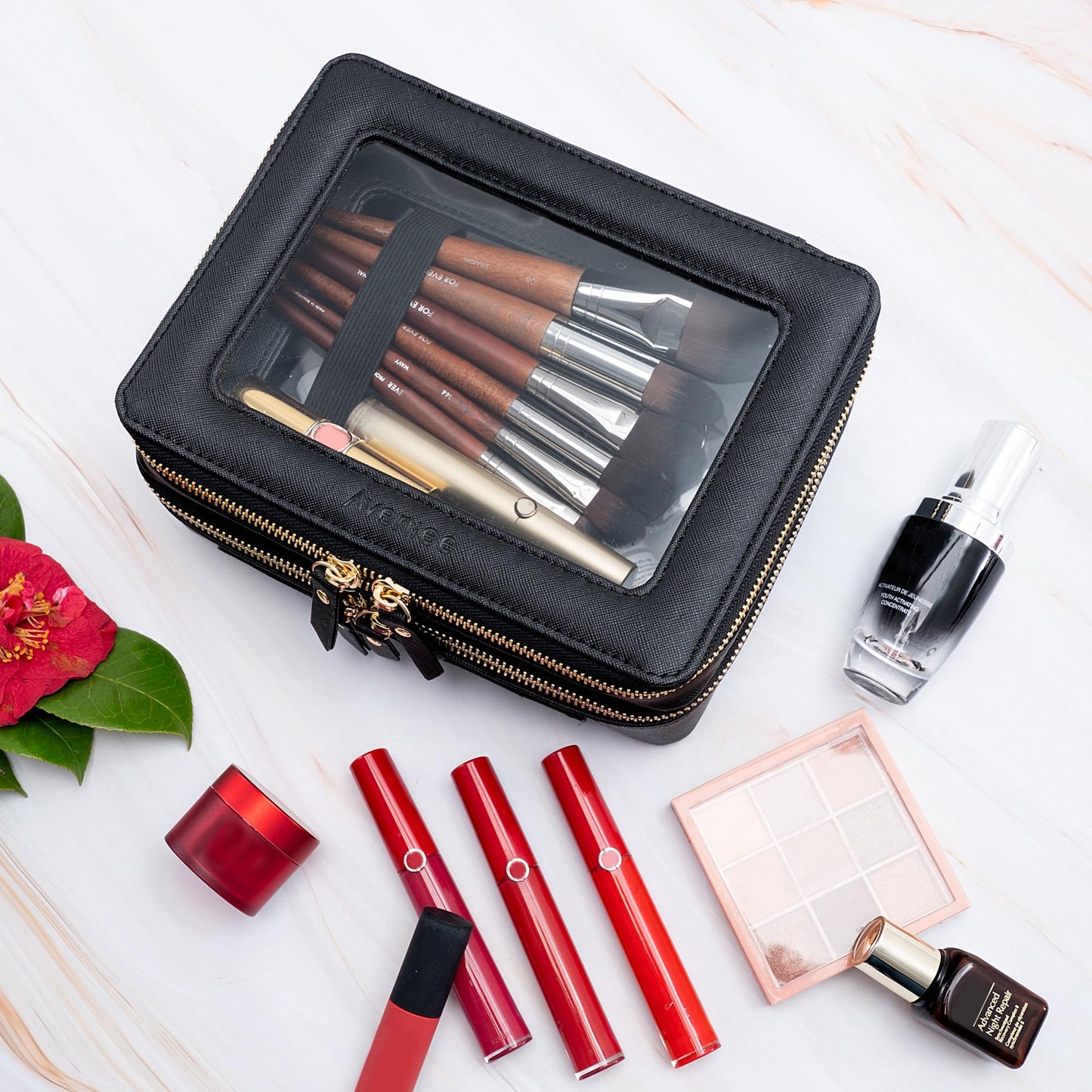 Aveniee Clear Makeup Bags,Double Layer Cosmetic Bags with Separate Brush Compartment,Large Travel Toiletry Bag Cosmetic Case,Travel Accessories Organizer for Women,2 Layers,Black