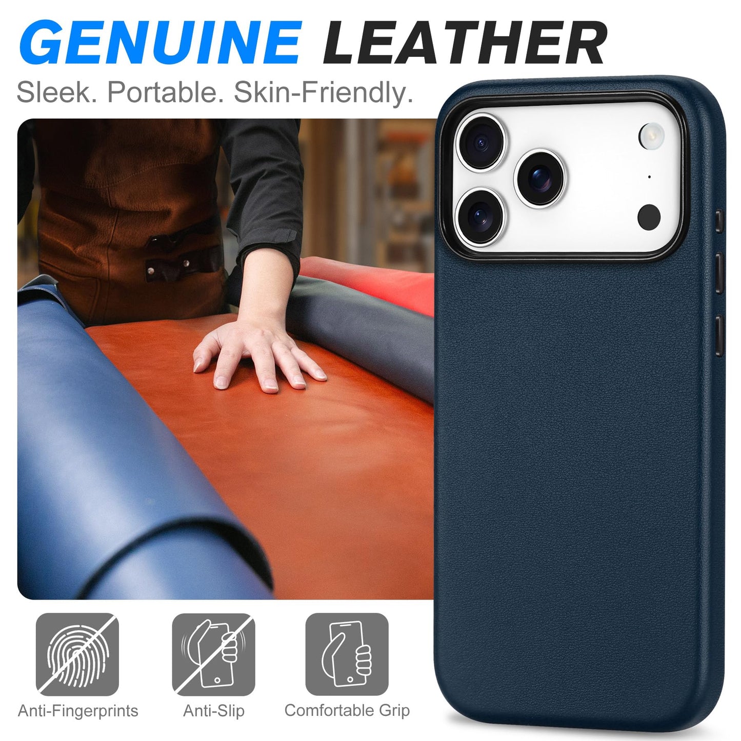 SHIELDON Genuine Leather Case for iPhone 17 Pro Max 6.9" 2025, [Camera Button Updated], Compatible with Magsafe, Magnetic Wireless Charging, Slim Fit, Non-Slip, Anti-Scratch, Shockproof - Navy Blue