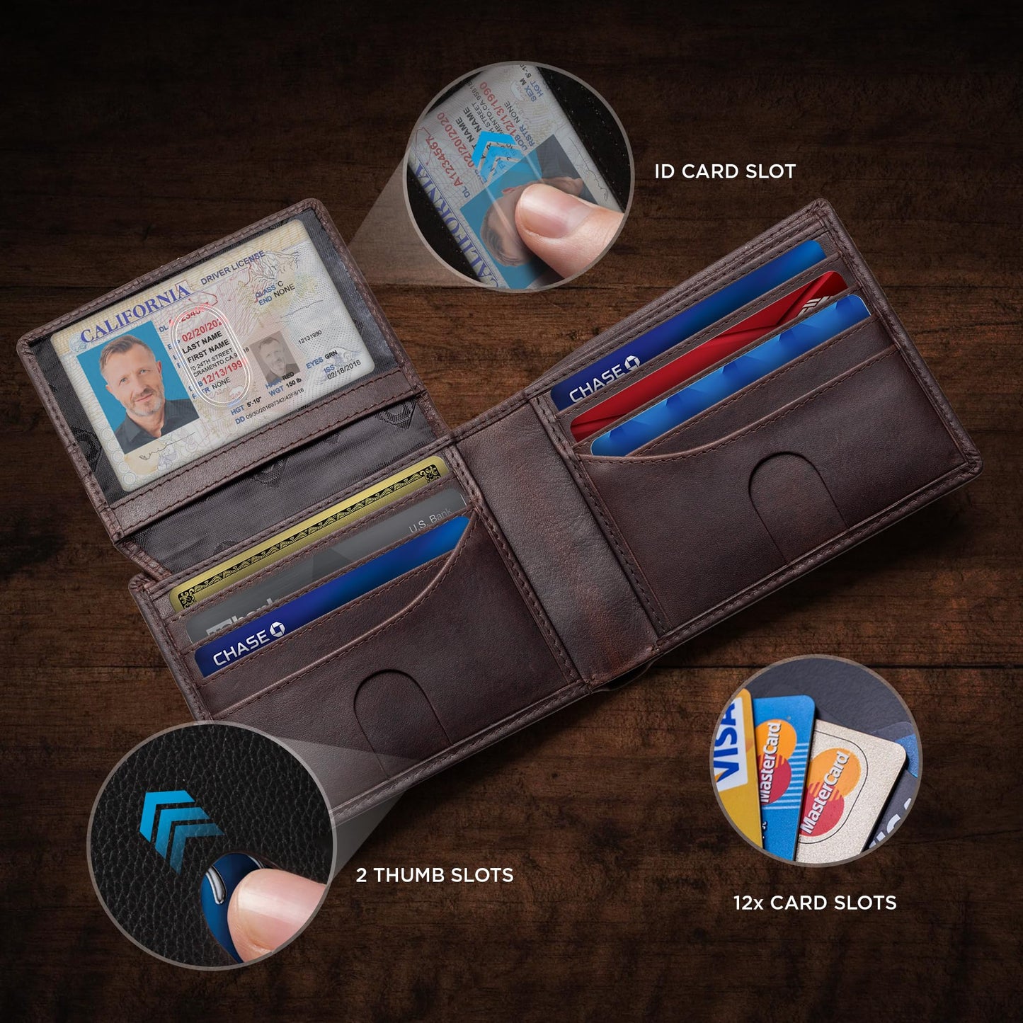 Full Grain Leather Wallet for Men | RFID Blocking | Extra Capacity Bifold Wallet with ID Windows | Ultra Strong Stitching | Slim Billfold with 13 Card Slots | Gift for Him (Texas Brown Venture)