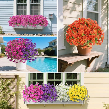 12 Bundles Artificial Flowers for Outdoors Decorations, Fake Flowers Artificial Plants Outdoor, Colorful Morning Glory Realistic UV Resistant for Garden Patio Porch Home Decor (Purple+RoseRed)