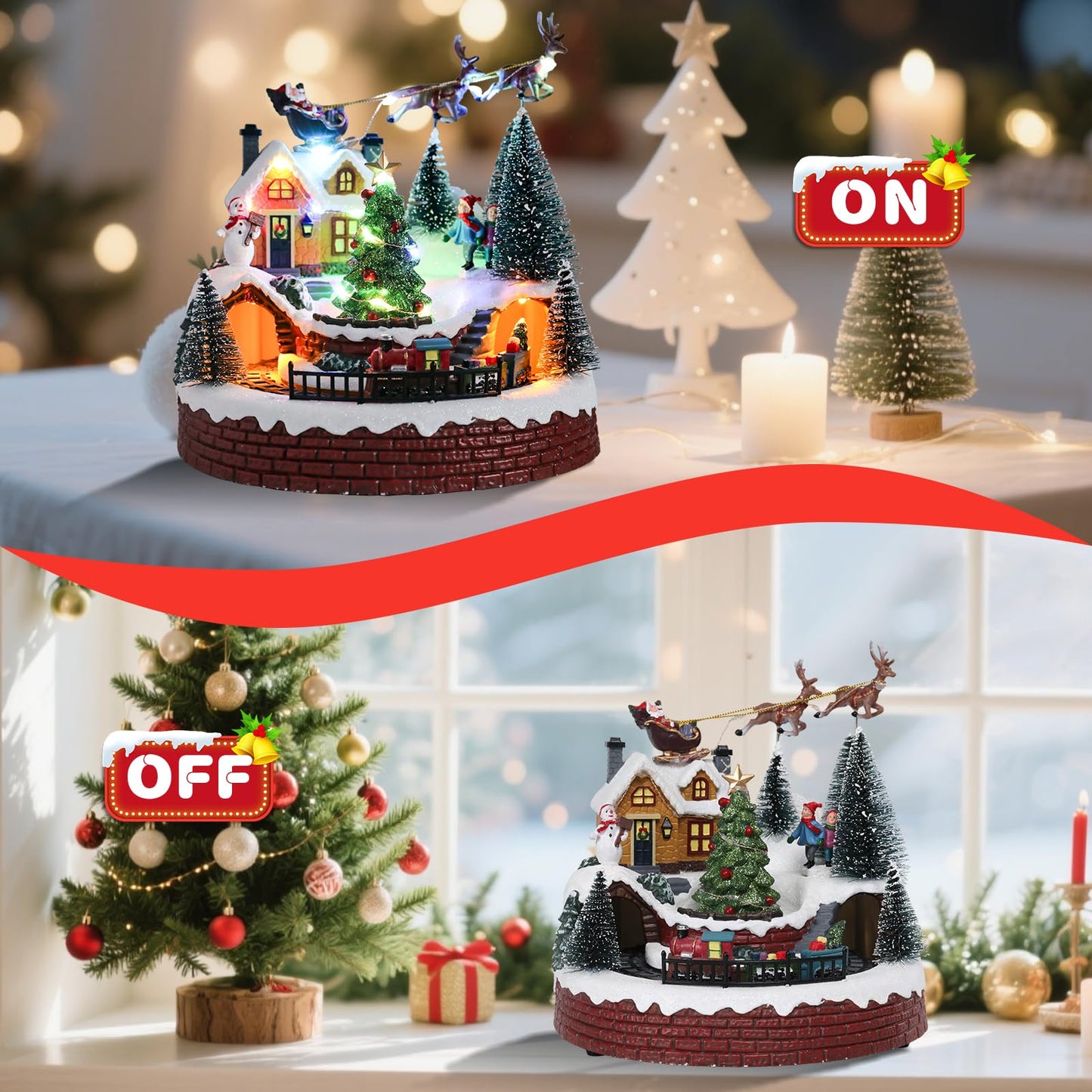 Vipush Christmas Village House Decorations Resin Train Set with Flying Santa Home Decor Indoor Building Figurines Revolving Train with LED Light and 8 Christmas Music for Kids