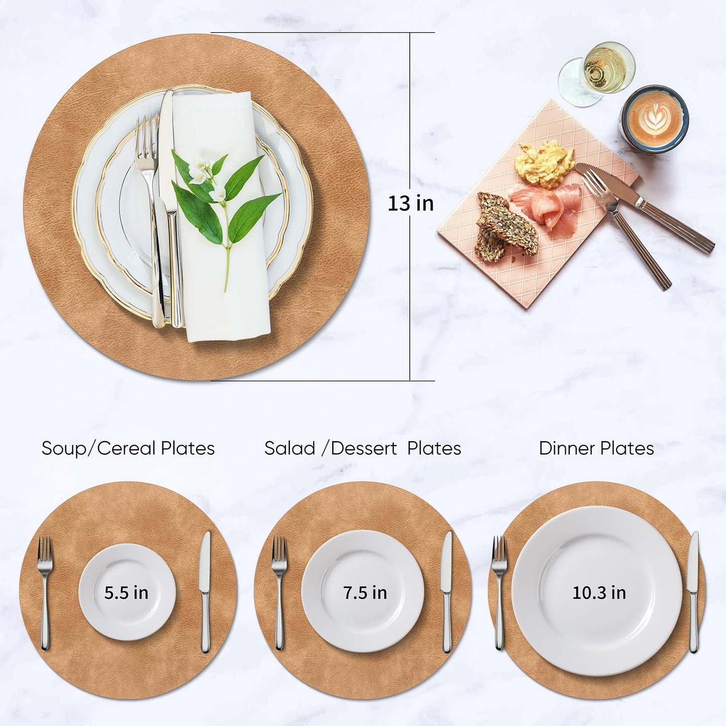 ADRIMER Placemats, Heat Resistant Round Placemats Set of 12 Washable, Waterproof Table Mats, Wipeable Faux Leather Place Mats for Kitchen, Dining Room, Camel