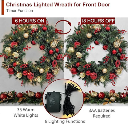 Christmas Lighted Wreath for Front Door, 28 Inches Pre-Lit 35 LED Lights, Red and Golden Artificial Holiday Wreath with Berries for Indoor Outdoor Home Decorations