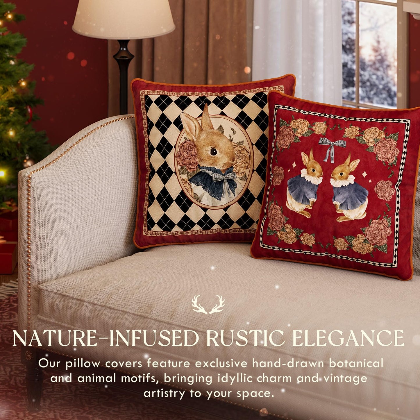 Livebee Bunny Floral Red Pillow Cover Decorations, Velvet Euro Sham Covers Decorative Throw Pillow Covers 18x18 for Couch Sofa Bed Home Decor