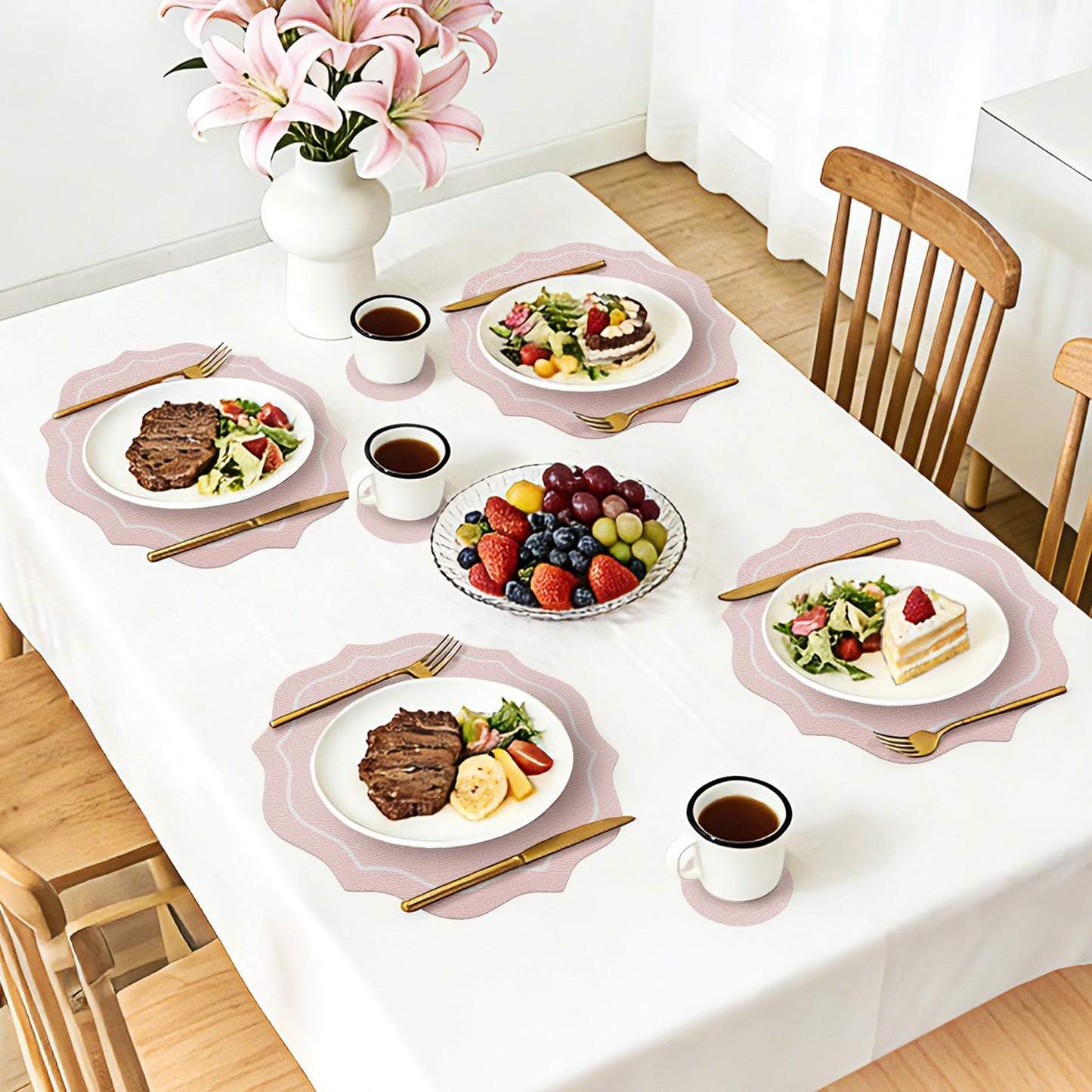 Set of 4 Spring Round Vinyl Placemats with Coasters 12" Scalloped Pink Faux Leather Placemats Waterproof Placemat Wipeable Heat Resistant for 7-10" Plates for Wedding Party Dining Table Decor