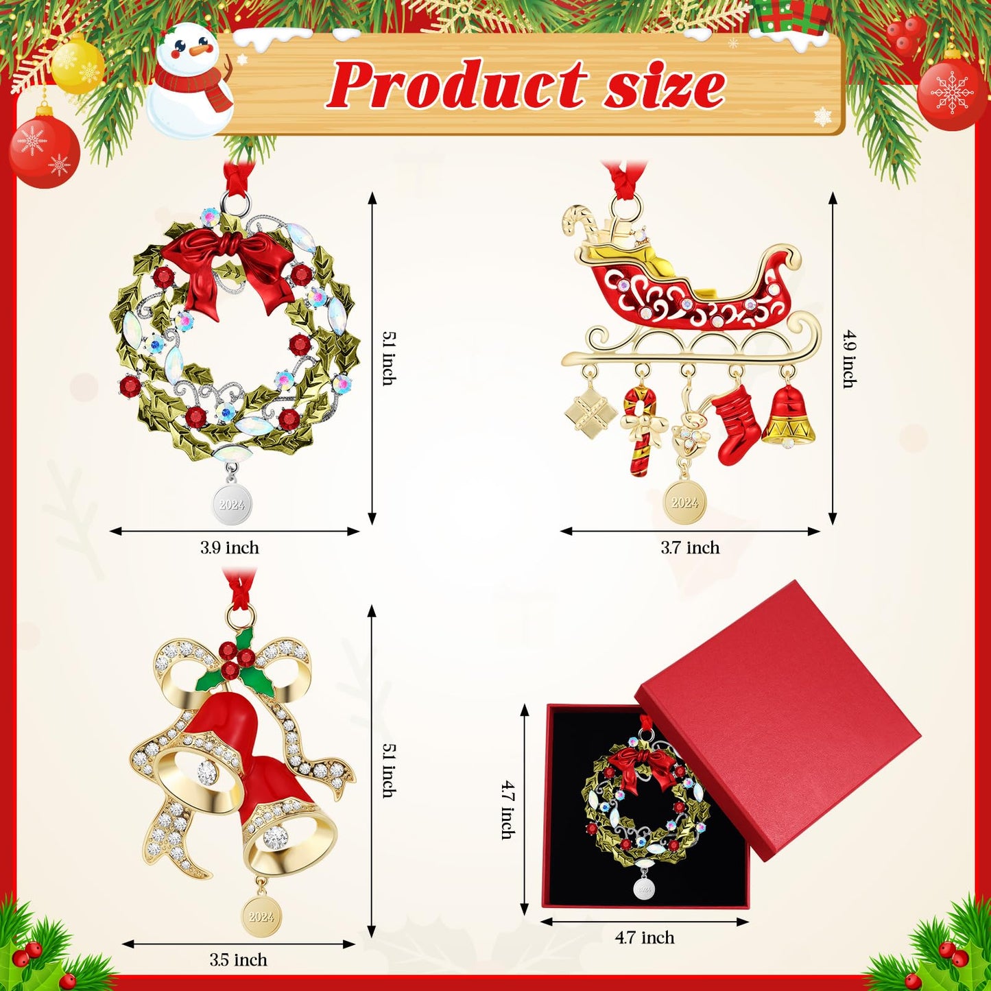 3 Pcs 2026 Christmas Crystals Hanging Ornaments Snowflake Snowman Holiday Ornament Shimmer Metal Bell Wreath on Ribbon with Gift Box for New Year Gift Xmas Tree Sun Catcher Home Hanging Decor(Holiday)