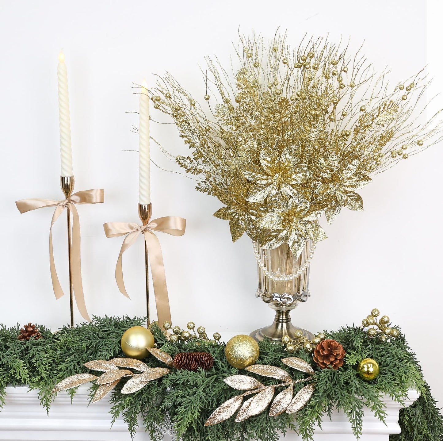 N&T NIETING 18Pack Christmas Tree Decorations Picks and Sprays, Artificial Flowers Glitter Berry Stems Twigs Branches Ornaments for Xmas Tree Vase Filler Holiday Wedding Party Home Decor (Gold)