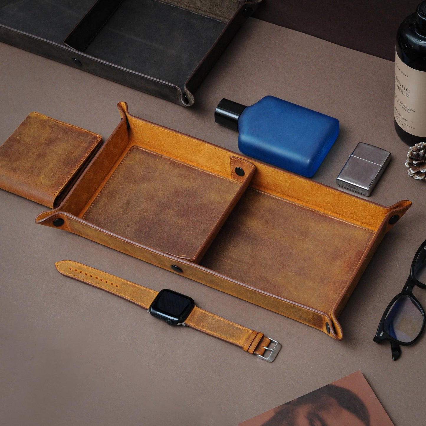 MayaCraft Handmade Leather Catch All Tray and Organizer for Keys, Phones, Jewels, Coins, Rectangular, Choco Brown