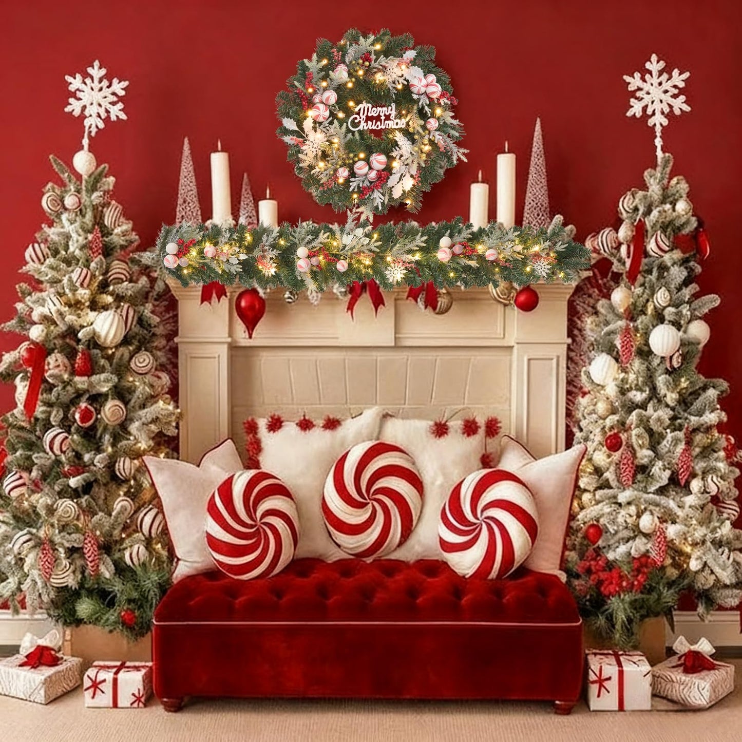 Red White Christmas Candy Wreath with Lights,30 LED with Timer, Lighted Winter Holiday Door,Fireplace Mantel and Stairs Decor,Entryway Decoration,prelit Christmas Wreath for Front Door -22inch