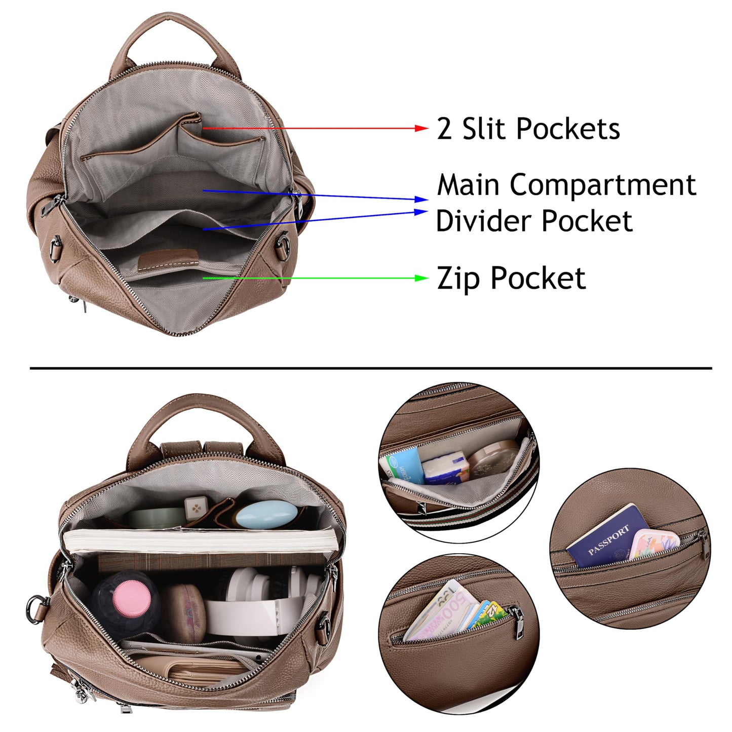 YALUXE Genuine Leather Backpack Purse for Women Fashion Daypack with Multiple Pockets