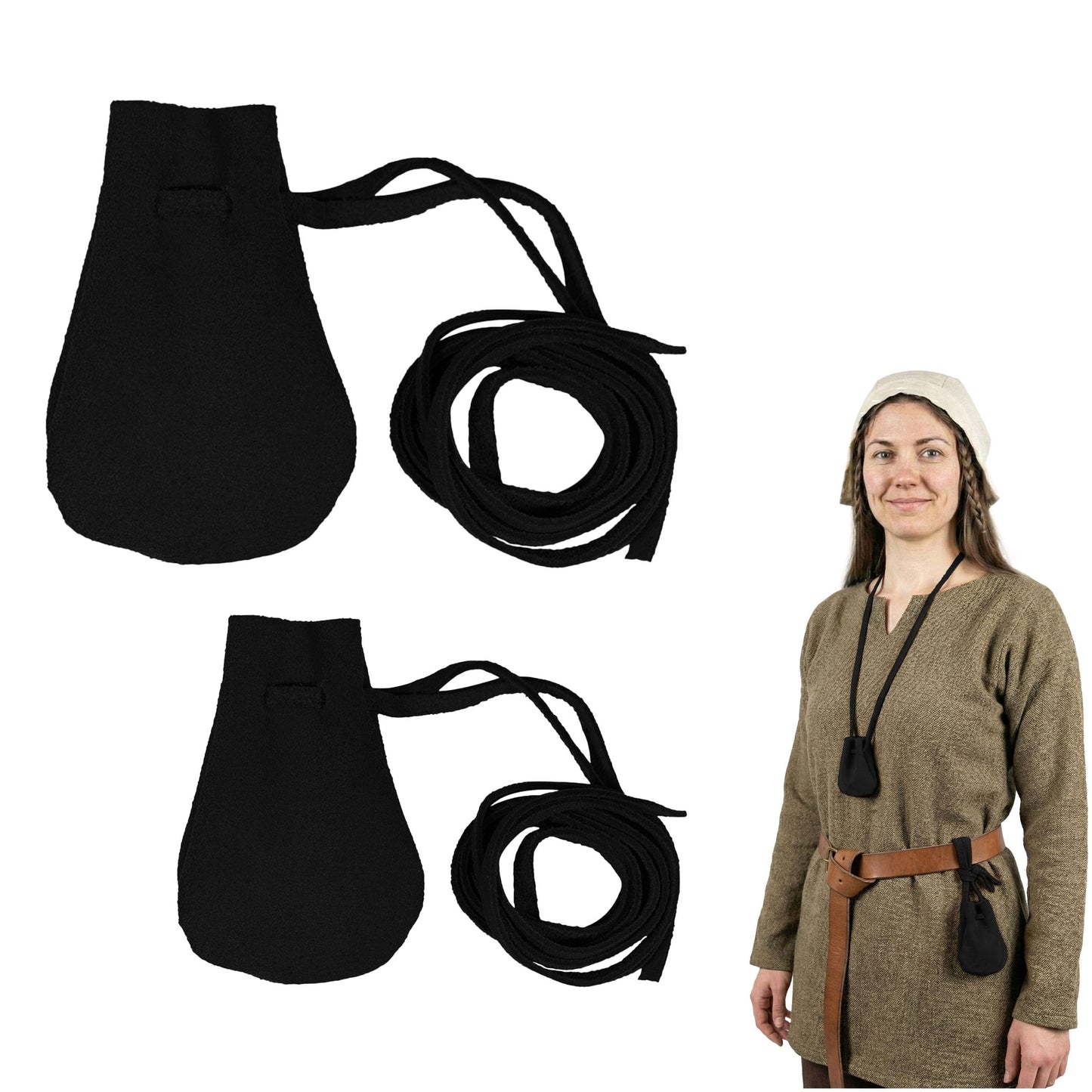 Mythrojan Small Trinket Pouches Set of 2, Suede Leather Drawstring Coin & Dice Bags for LARP, SCA, Viking & Medieval Events Color : Black
