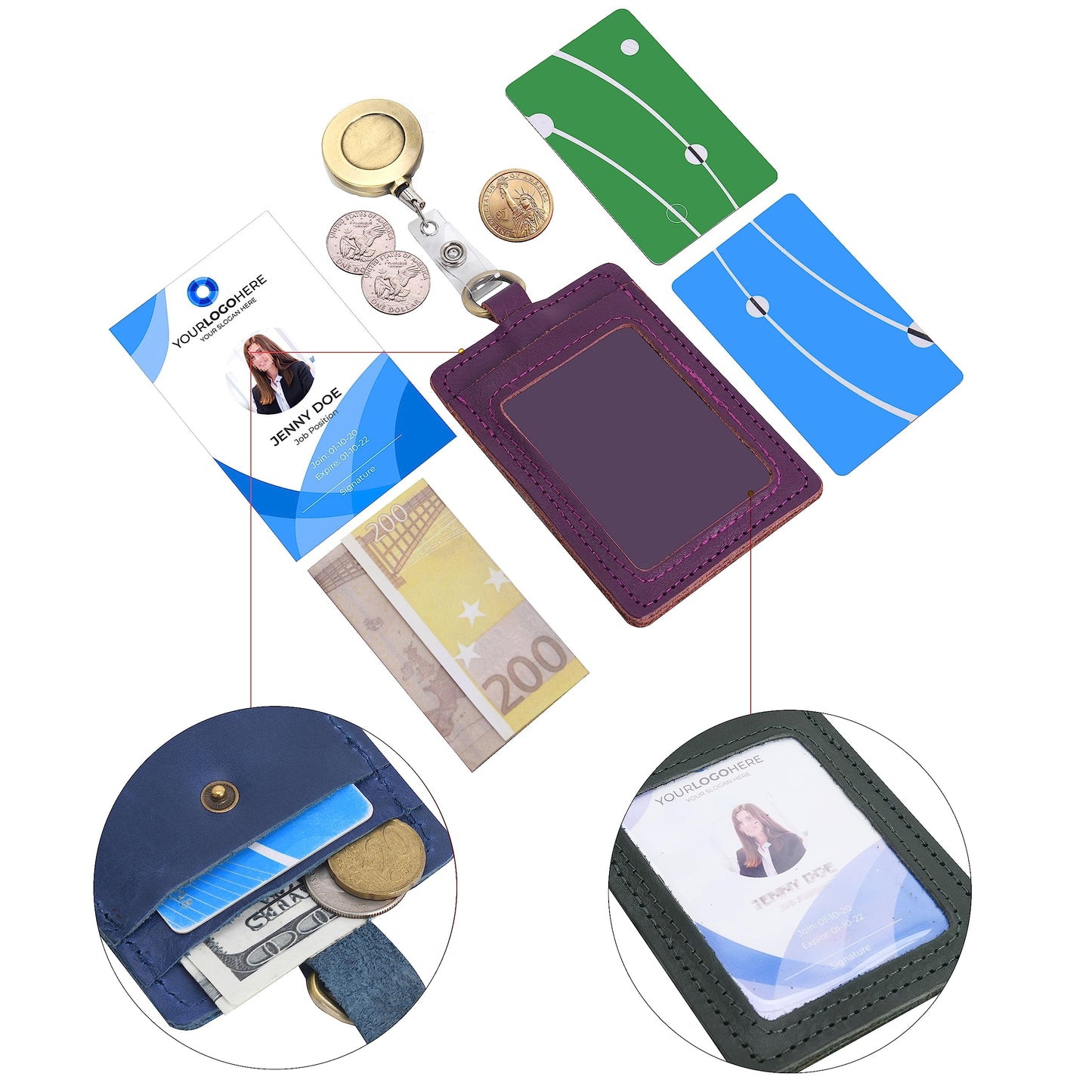 Wonderpool ID Badge Holder Genuine Leather Card Slots Case with Detachable Neck Lanyard and Retractable Badge Reel for Office School Hospital Exhibition ID & Driver Licence (Blue)
