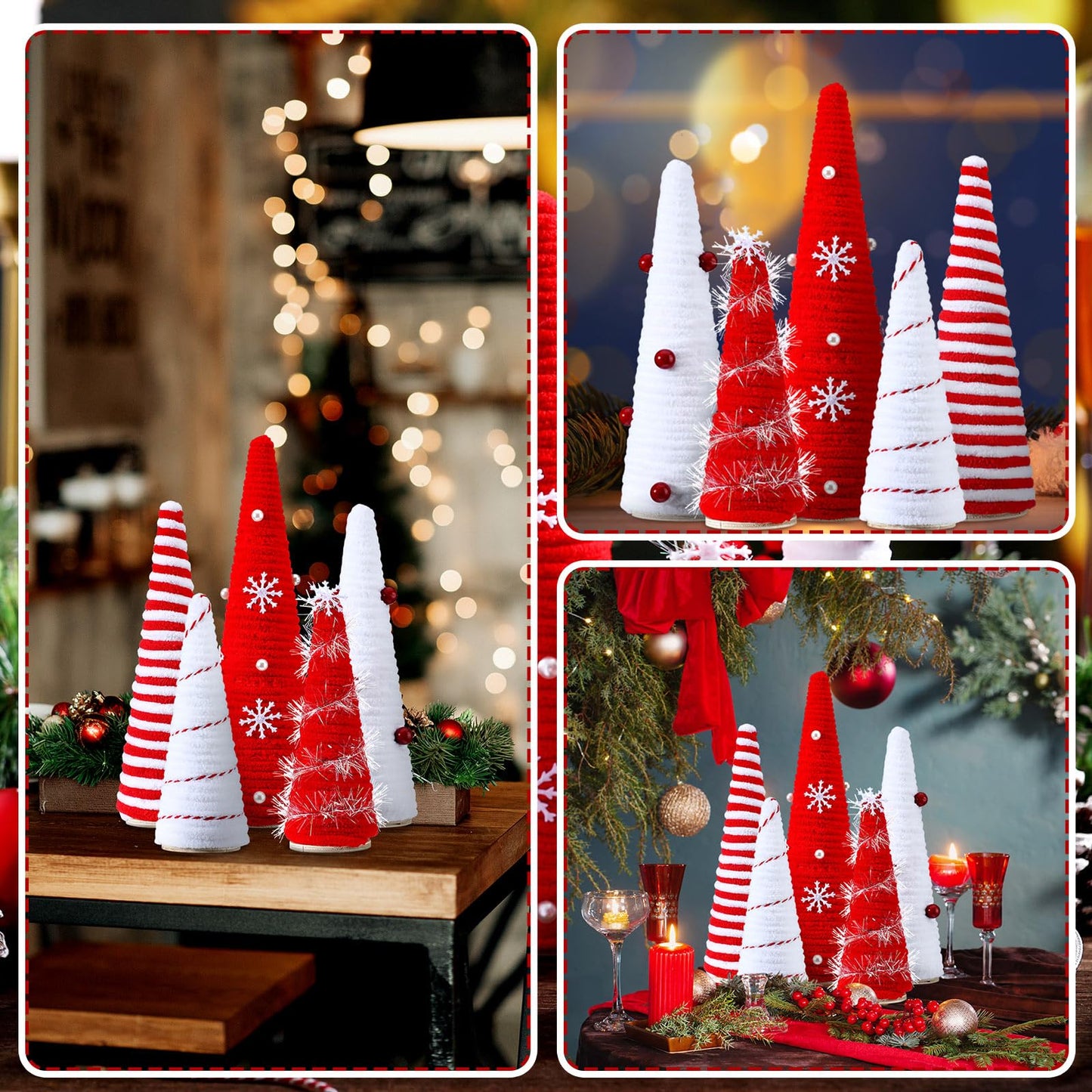 Realspring 5 Pcs Christmas Table Decorations Mini Artificial Wood Tree Xmas Decor Red White Tiered Tray Centerpieces Farmhouse Decor for Indoor Room Kitchen Home