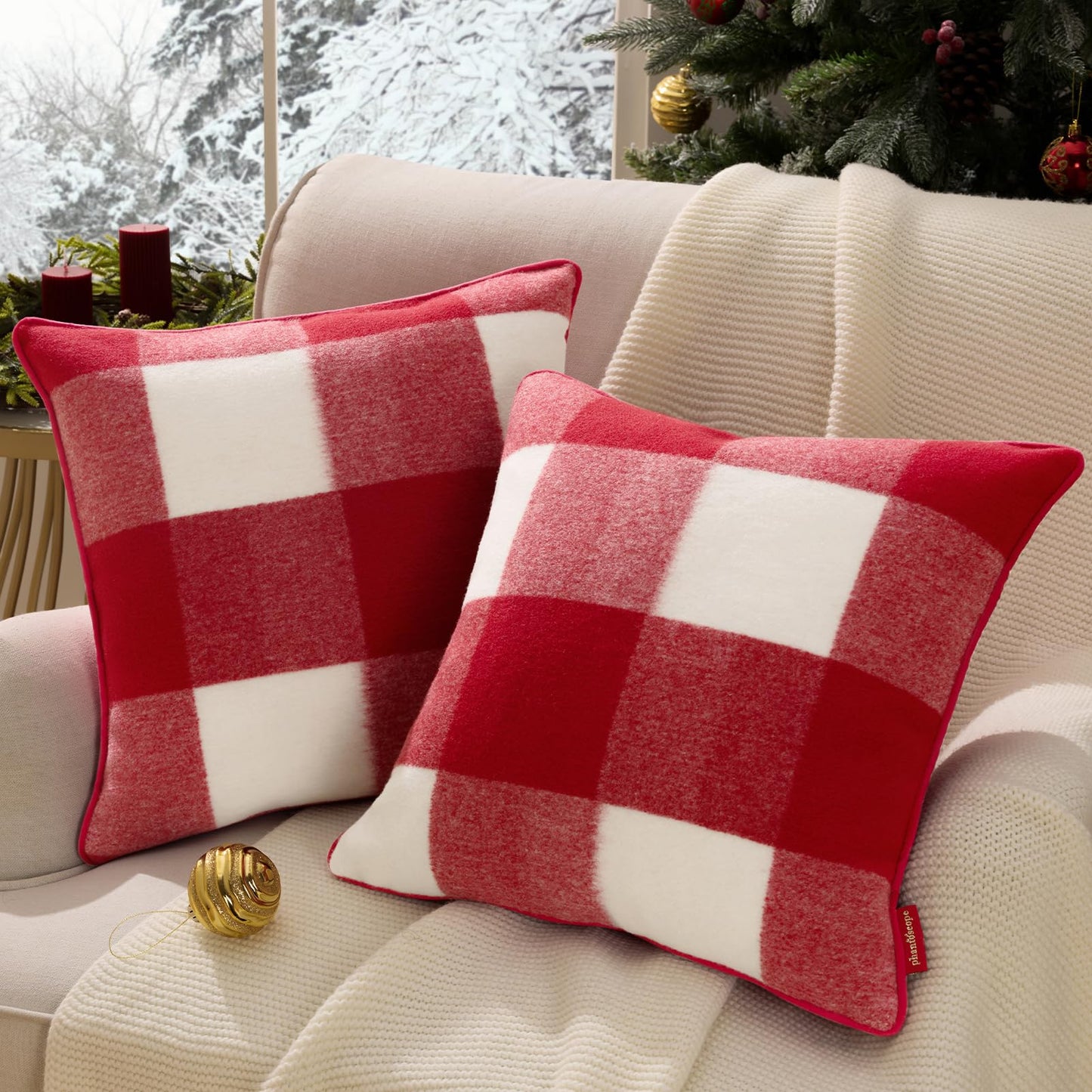 Phantoscope Pack of 2 Christmas Throw Pillow Covers, Premium Faux Wool Buffalo Check Pillow Covers with Locking Edge Xmas Plaid Decorative Pillows for Couch, Red, 18 x 18 inch