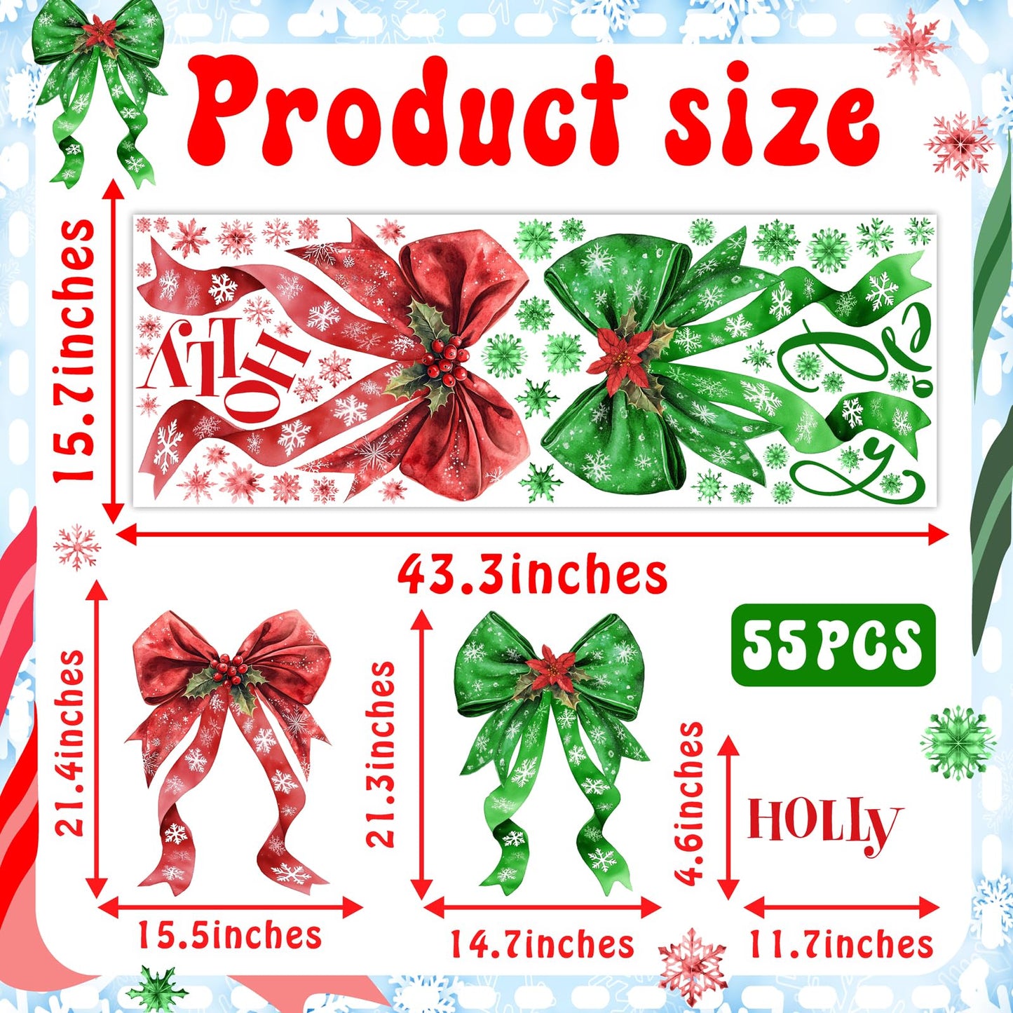 Large Christmas Wall Stickers Green Red Bow Decoration Decals Peel and Stick Xmas Bow Stickers Home Indoor Decor for Living Room O Holy Snowflakes Vinyl Art Murals for New Year Holiday Party Supplies