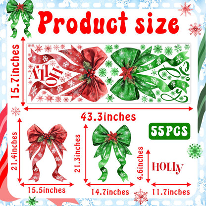 Large Christmas Wall Stickers Green Red Bow Decoration Decals Peel and Stick Xmas Bow Stickers Home Indoor Decor for Living Room O Holy Snowflakes Vinyl Art Murals for New Year Holiday Party Supplies