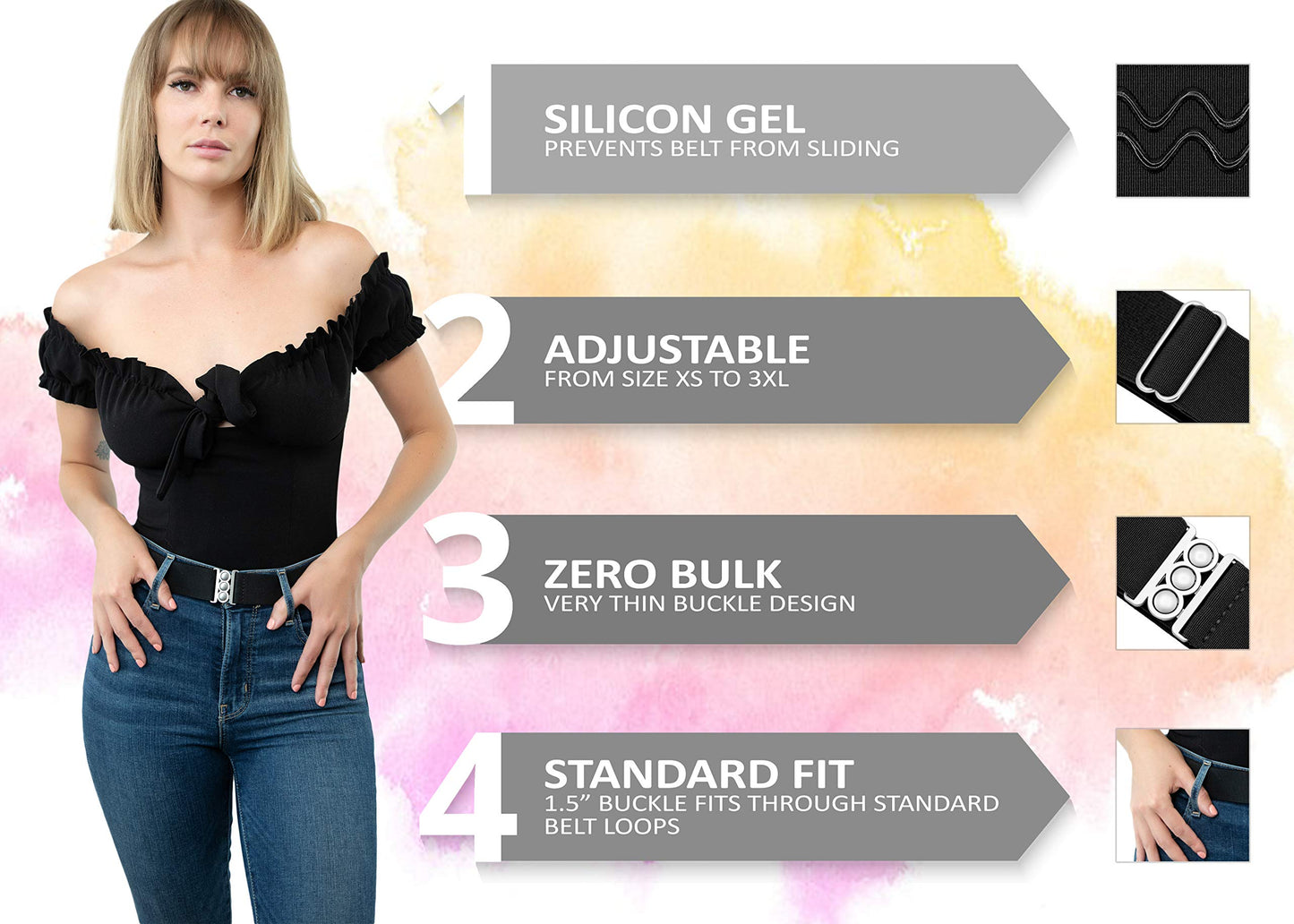 ONE-BELT No Show Invisible Elastic Belts for Women | Non Slip | Fits waist upto 50 Inch (Matte Black - Black, L -XXL)