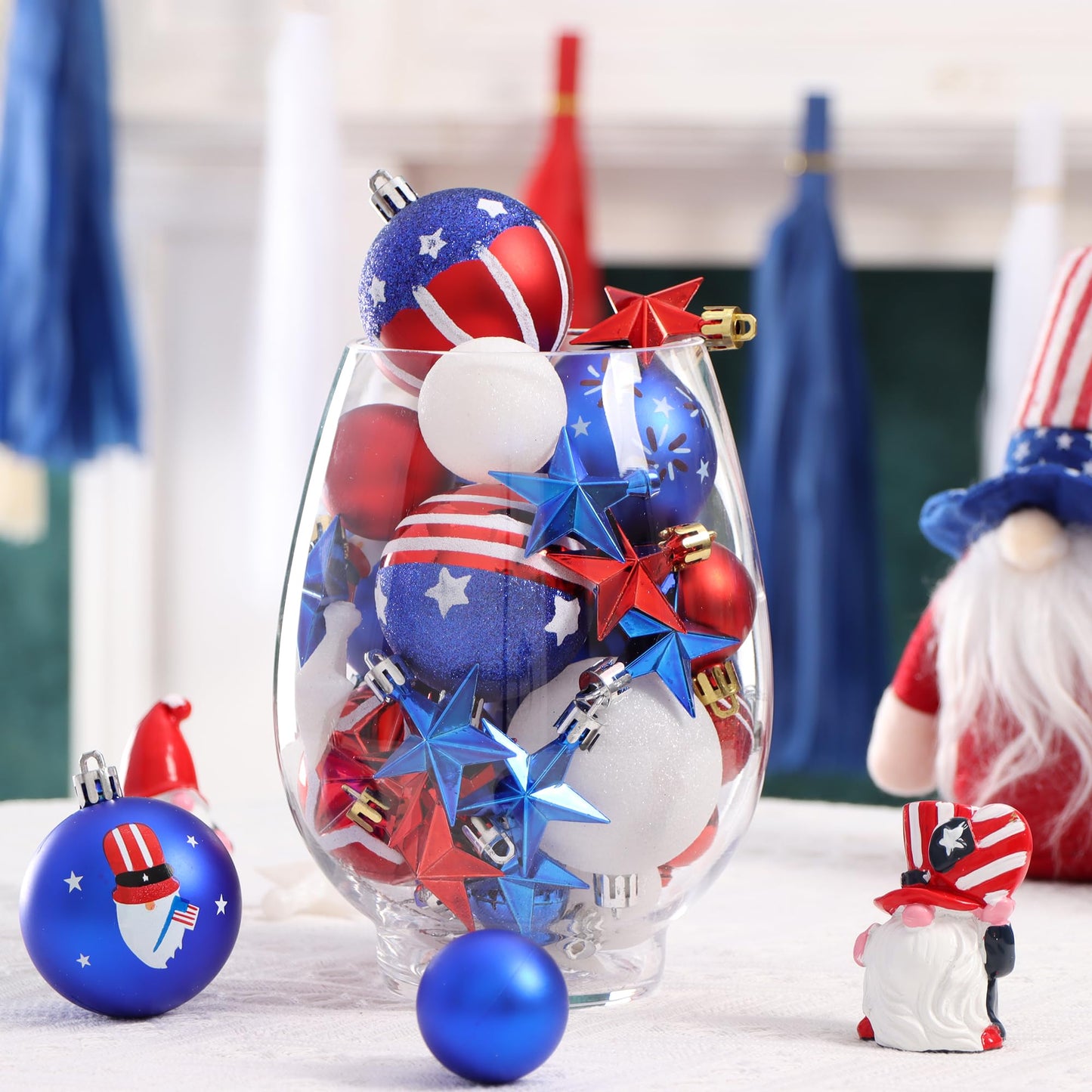 100Pcs 4th of July Tree Decorations Patriotic Ornaments, 2.36'' Memorial Day Red White Blue Ornaments and Star, Shatterproof American Hanging Ball Decor for Independence Day USA 250th Holiday