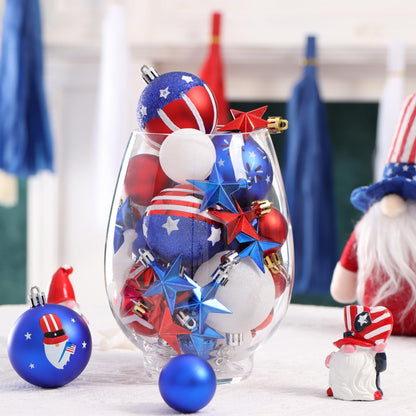 100Pcs 4th of July Tree Decorations Patriotic Ornaments, 2.36'' Memorial Day Red White Blue Ornaments and Star, Shatterproof American Hanging Ball Decor for Independence Day USA 250th Holiday