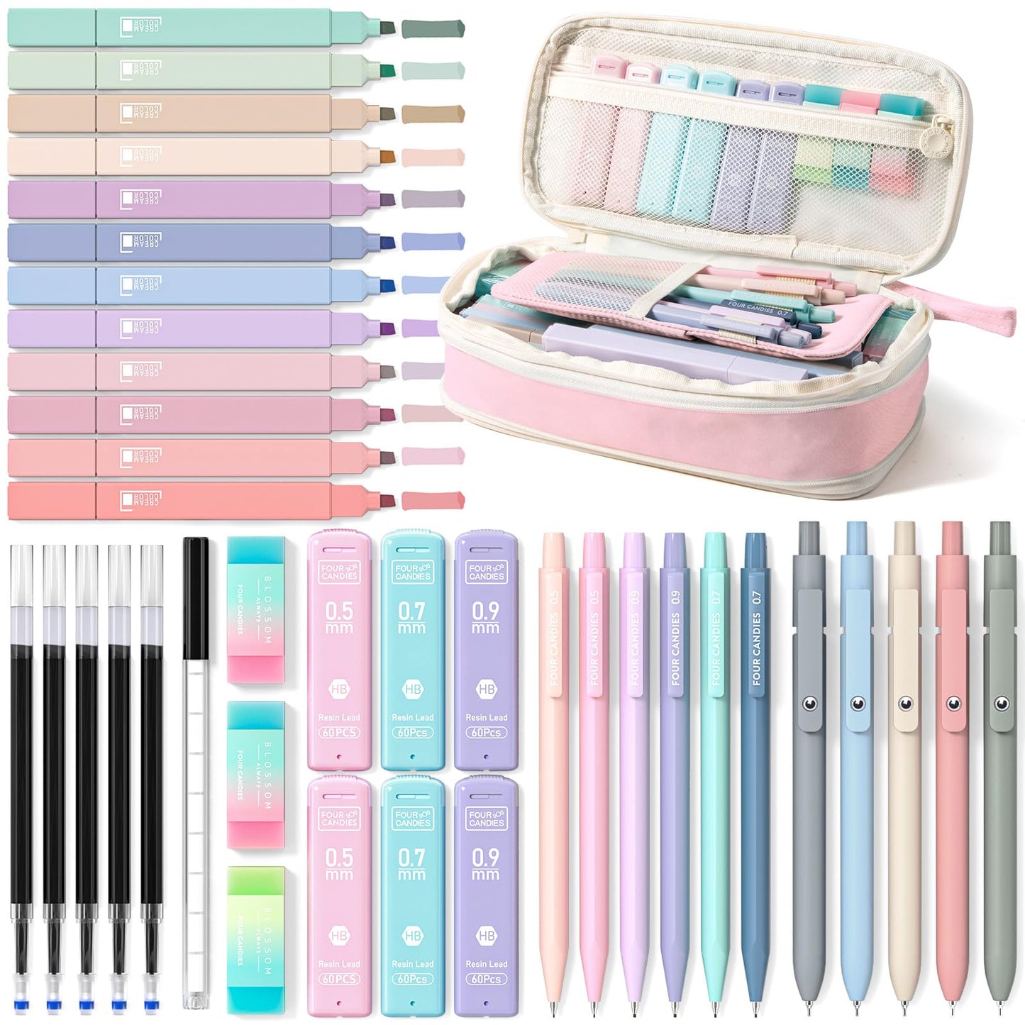 Four Candies 39 PCS Aesthetic School Supplies with Cute Pen Case, 12 Pastel Highlighters, 5 Black Ink Gel Pens, 6 Mechanical Pencils Set for Students Stationary College Essentials (Pink)