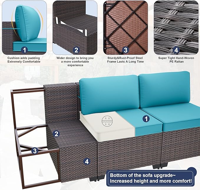 Kurapika 15 Pieces Patio Furniture Set, Rattan Wicker Outdoor Conversation Sets w/43in Propane Fire Pit Table and 4 Inch Cushion(Blue)