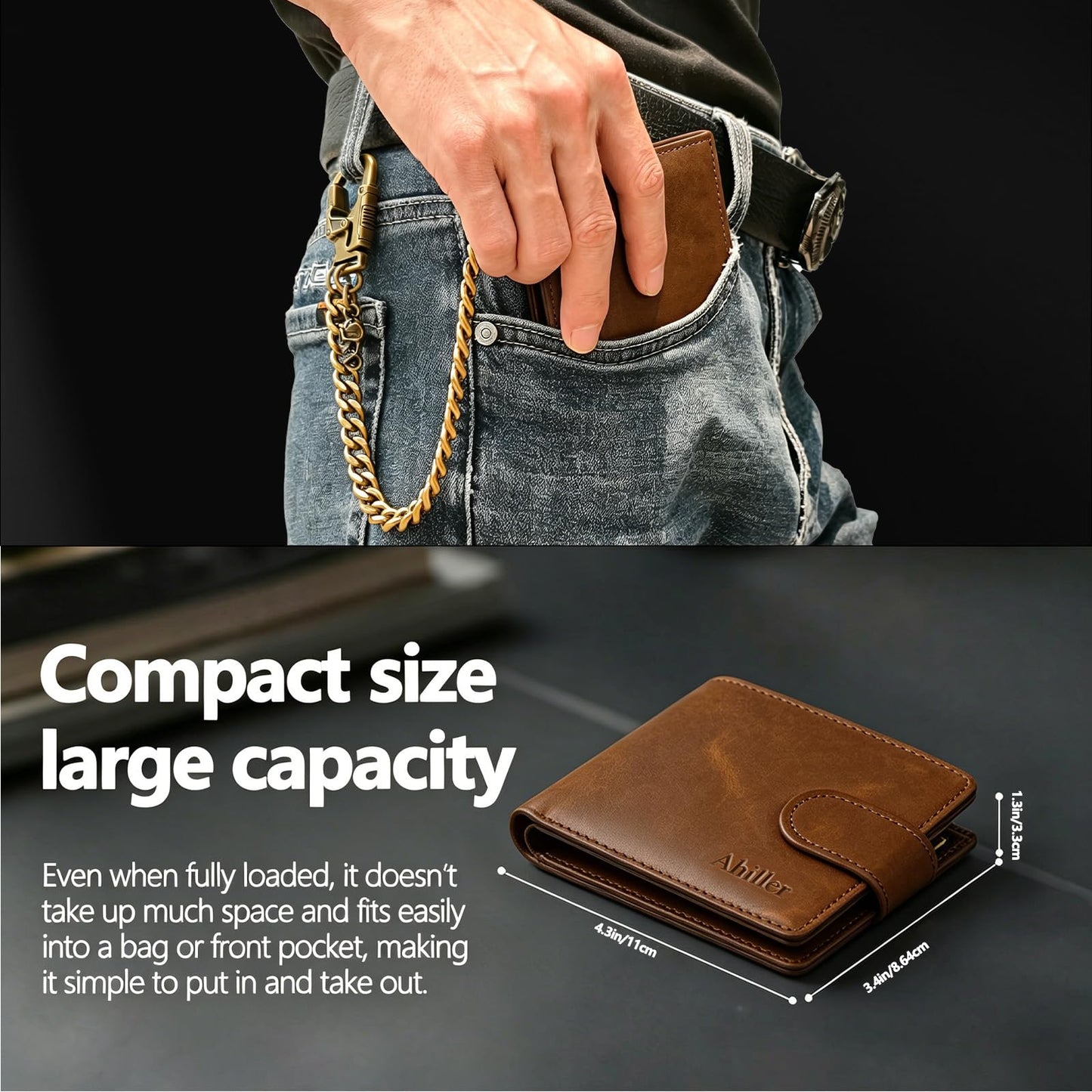 Ahiller Chain Wallet for Men,Bifold Crazy Horse Leather RFID Blocking Slim Wallets with Gift Box, 2 ID Window, 8 Cards Slots & Detachable Key Chains for Front | Back Pocket-Coffee