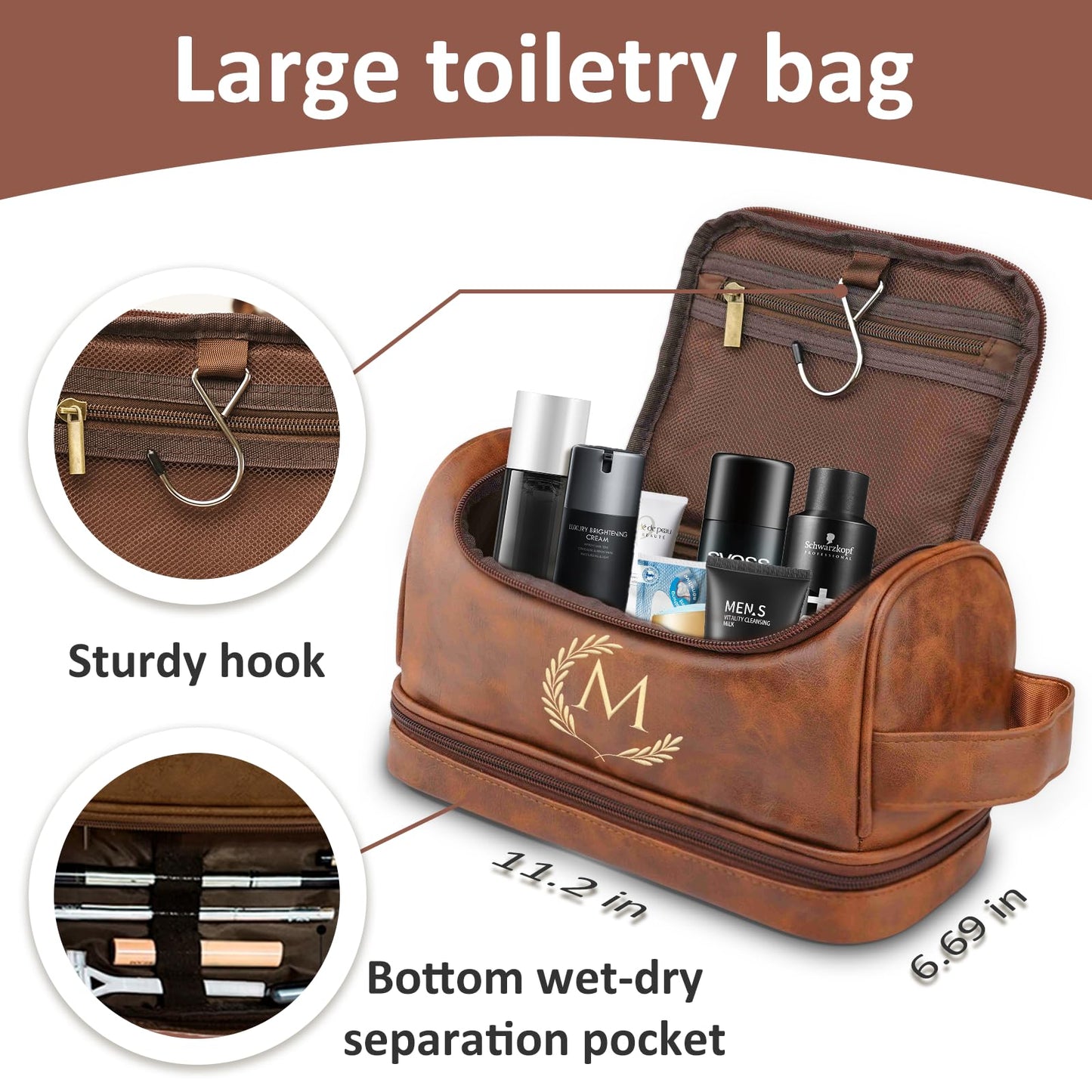 Personalized Leather Toiletry Bag For Men, Engraved Initial Travel Toiletry Bag for Men, Travel kit for Him, Ideal Gift for Him Dad Father Son Husband Grandpa Lover Christmas Anniversary Birthday(F)