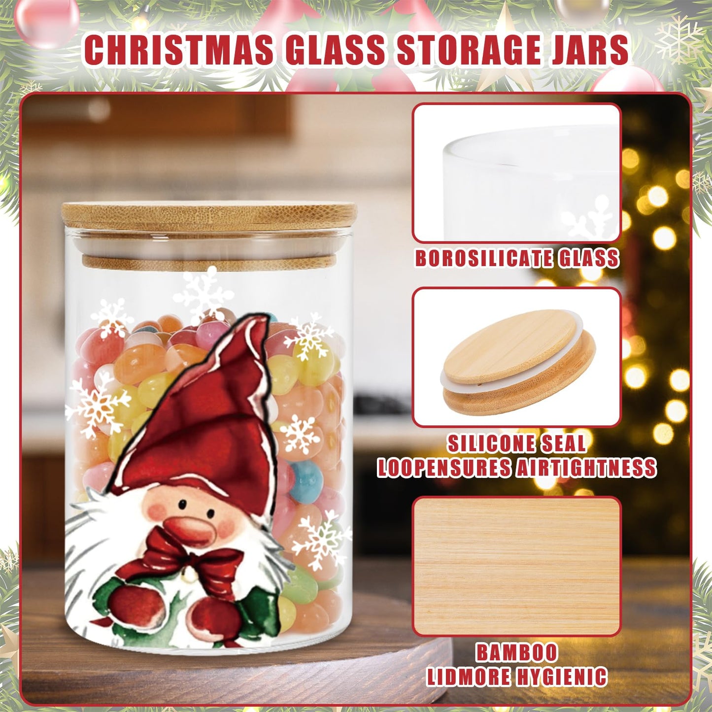 Whaline 6Pcs Christmas Glass Storage Jars with Airtight Lid Santa Snowman Reindeer Decorative Food Canisters Sets Candy Jars for Winter Xmas Home Kitchen Countertop