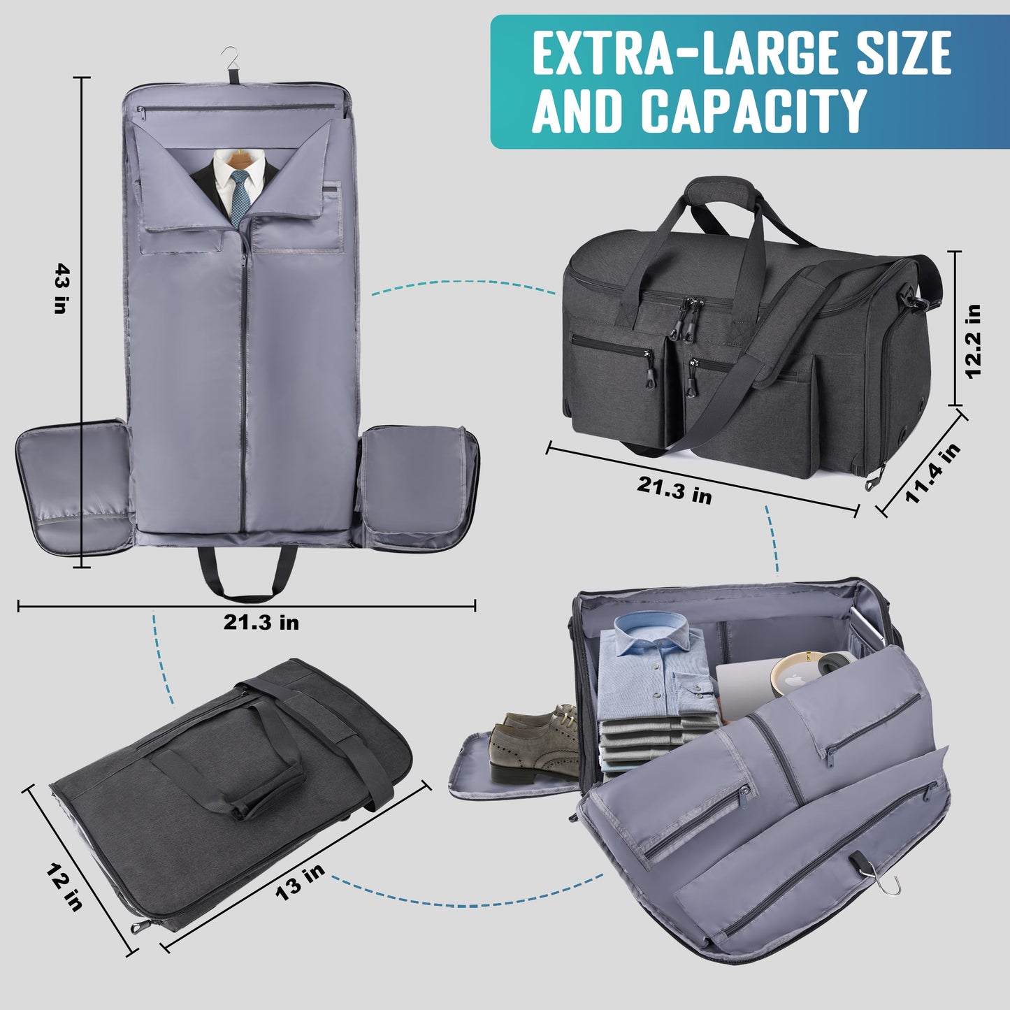 HILOMON Convertible Duffle Bags for Travel Carry On Suit Duffle Bags with Shoulder Strap 2 in 1 Hanging Garment Duffle Bag for Men Women (Black Mesh Storage)