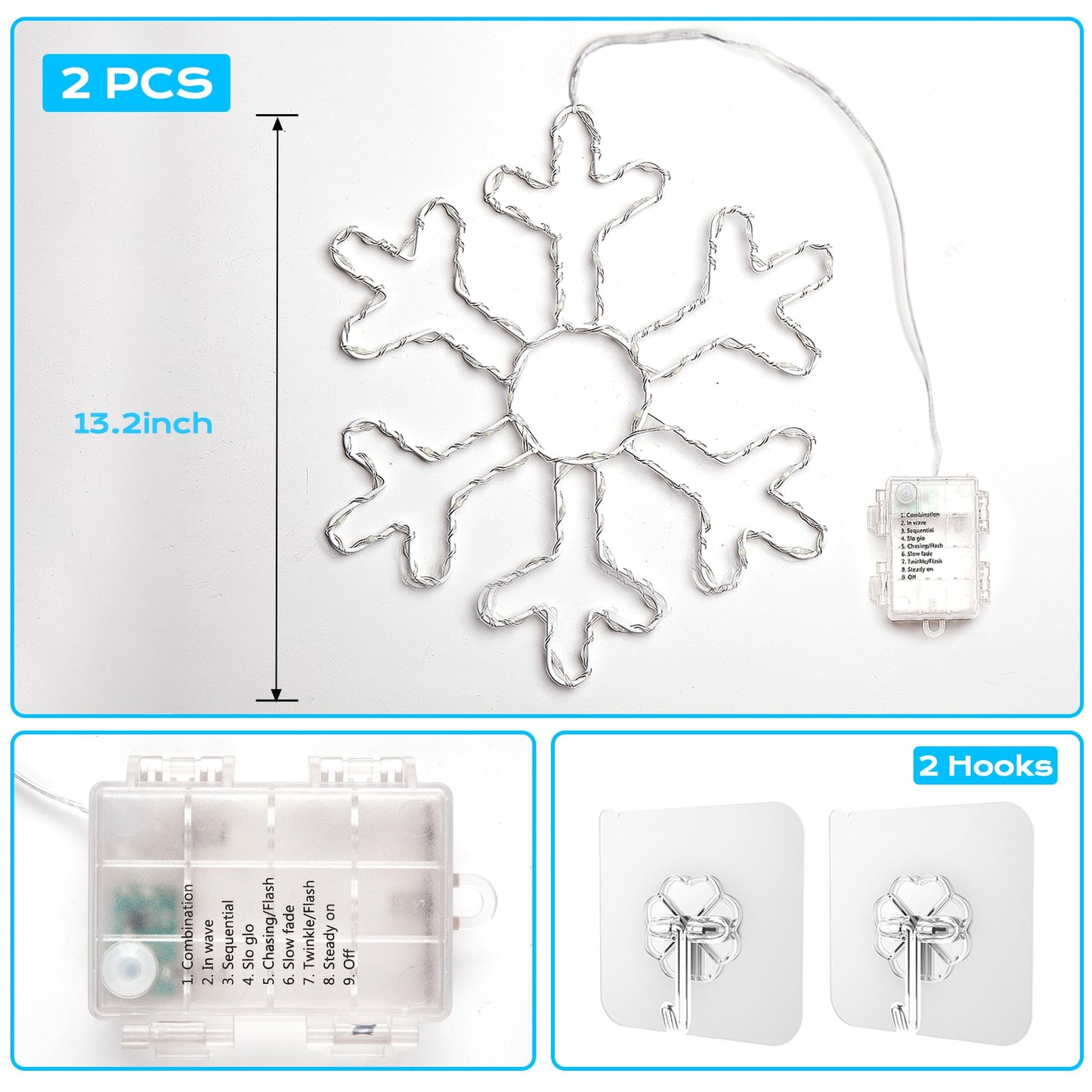 BlcTec 2 Pack Big Christmas Snowflakes Lights, 13 Inch Durable Metal Frame Snowflakes with Remote Control, 8 Modes, Timer, Waterproof Battery Operated Snowflake Lights for Christmas Party Decorations