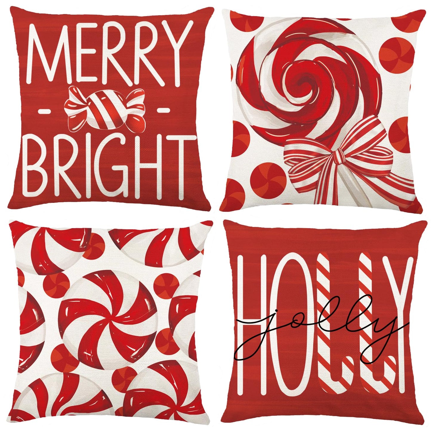 Heirloom Haven 4pcs Christmas Pillow Covers Decoration,18x18in Red Candy Pillow Case Merry Bright Holly Throw Pillow Covers Cushion Cases for Winter Holiday Seasonal Farmhouse Couch Sofa Home Decor