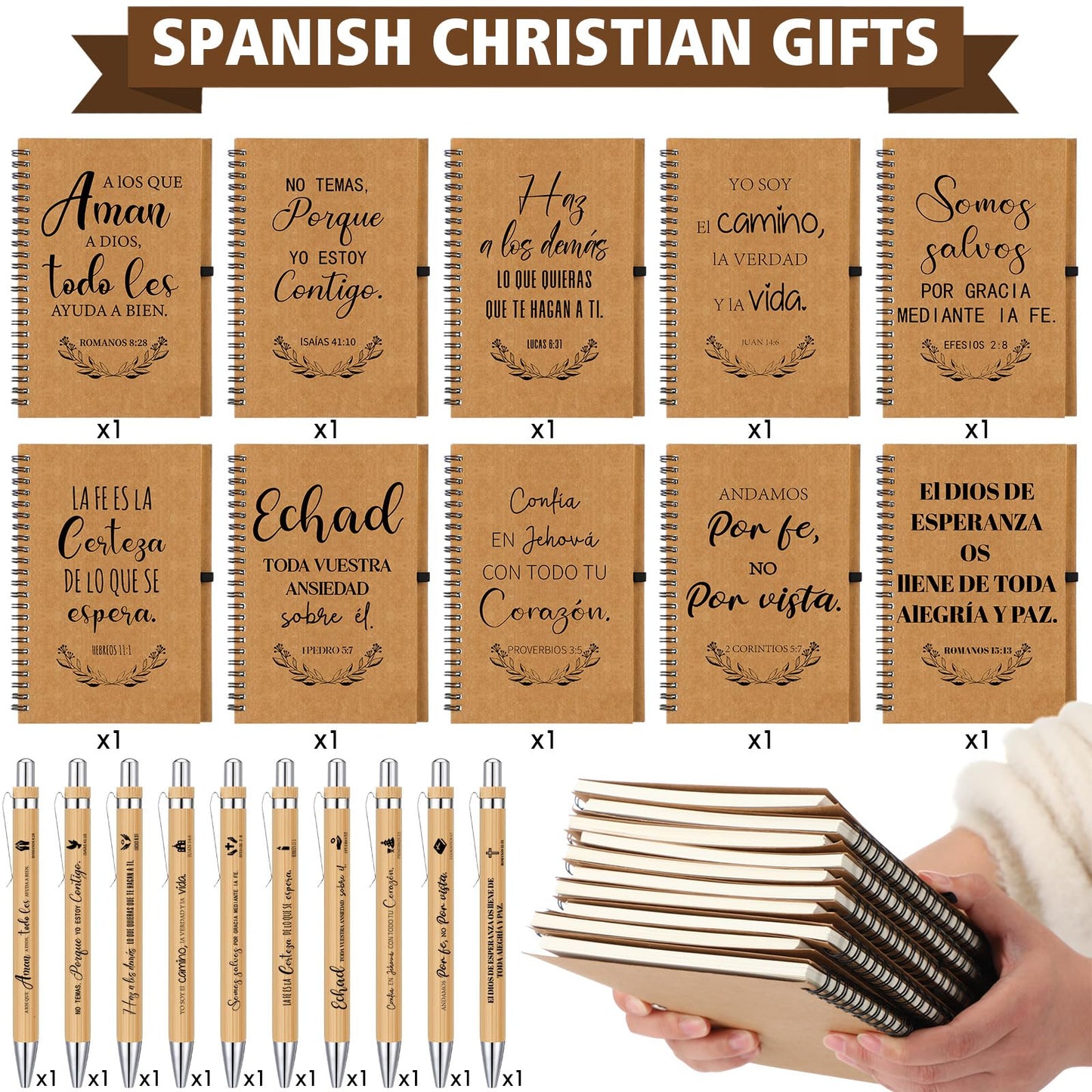 Resurhang 20 Pcs/10 Sets Regalos Cristianos En Español Spanish Christian Notebooks with Pen Spanish Religious Gift Bulk Motivational Journals Inspirational Pen Thank You Gift for Church (Kraft Color)