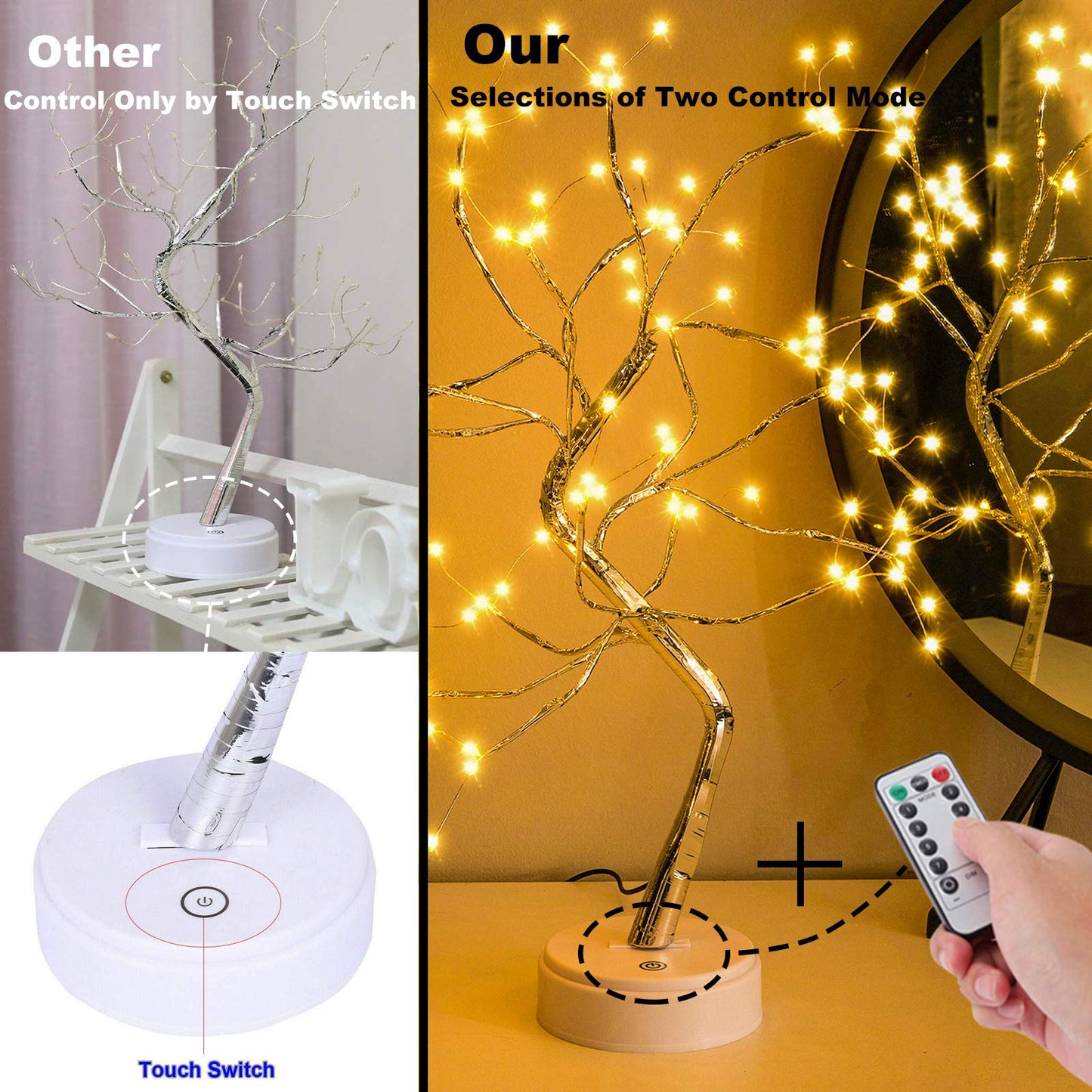 OURBAOFU 20” 108LED Fairy Sparkly Tree Lamp with Remote Control, USB&3AA Powered 8 Modes, DIY Bonsai Artificial Tree Lights, Fairy Spirit Tree Light for Bedrooms Desktop Christmas (Warm White)