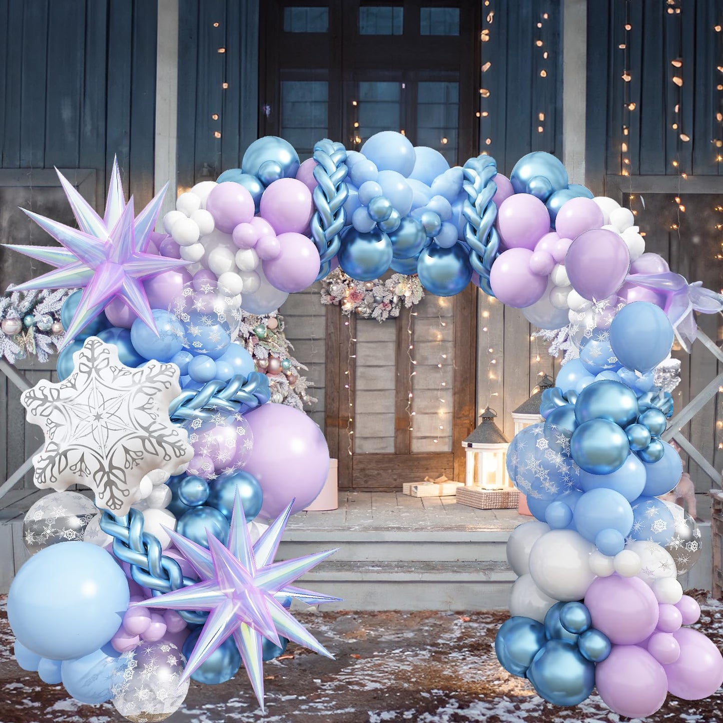 Winter Balloon Arch Garland Kit, Baby Pastel Metallic Blue Light Purple White Latex Balloons with Snowflake Exploding Star Foil Balloon for Winter Wonderland Xmas Ice Snow Birthday Party Decorations
