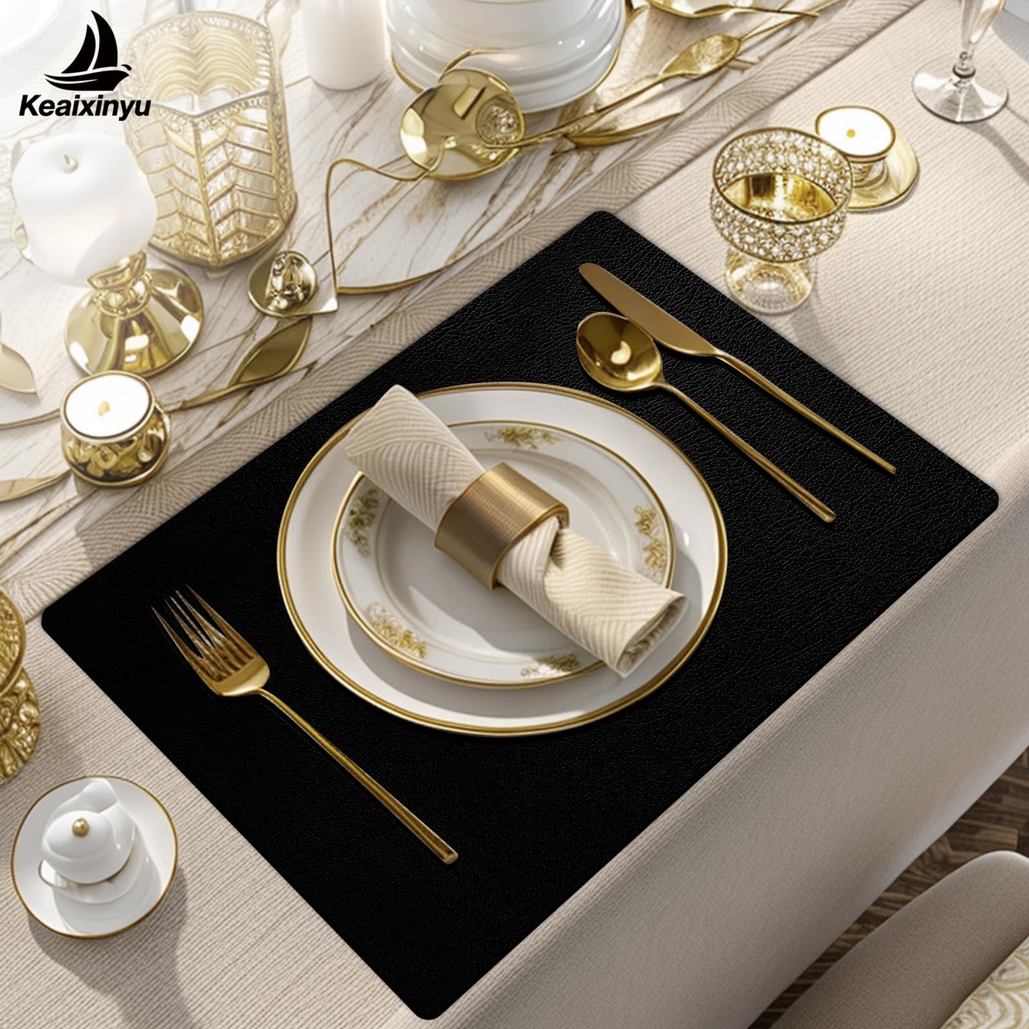 Keaixinyu Placemats and Coasters Set of 6, Waterproof、Oil-Proof Wipeable、Anti Slip PVC Leather Place Mats, Heat Resistant Reversible Table Mats for Kitchen, Dining, Outdoor 17’’×12’’, (Black)