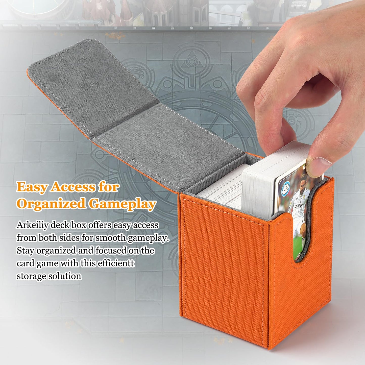 Arkeiliy Card Deck Box, 110+ Storage MTG Deck Box with 50 Pcs Card Sleeve, Collectible Trading Card Cases for Magic Commander and More (Orange)