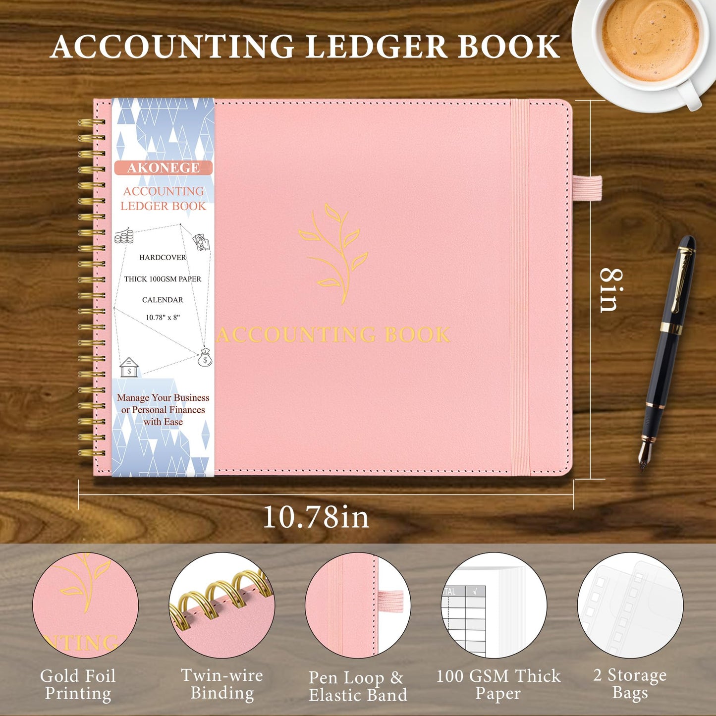 AKONEGE Accounting Ledger Book for Personal & Small Business Bookkeeping, Horizontal Income and Expense Tracker Notebook with Calendar, Hardcover Columnar Log Journal 10.78'' x 8'', Dusty Pink