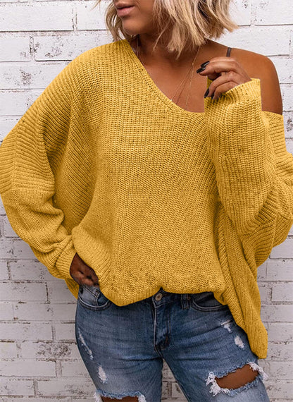 BZB Women's V Neck Long Sleeve Knit Loose Oversized Pullover Sweater Top