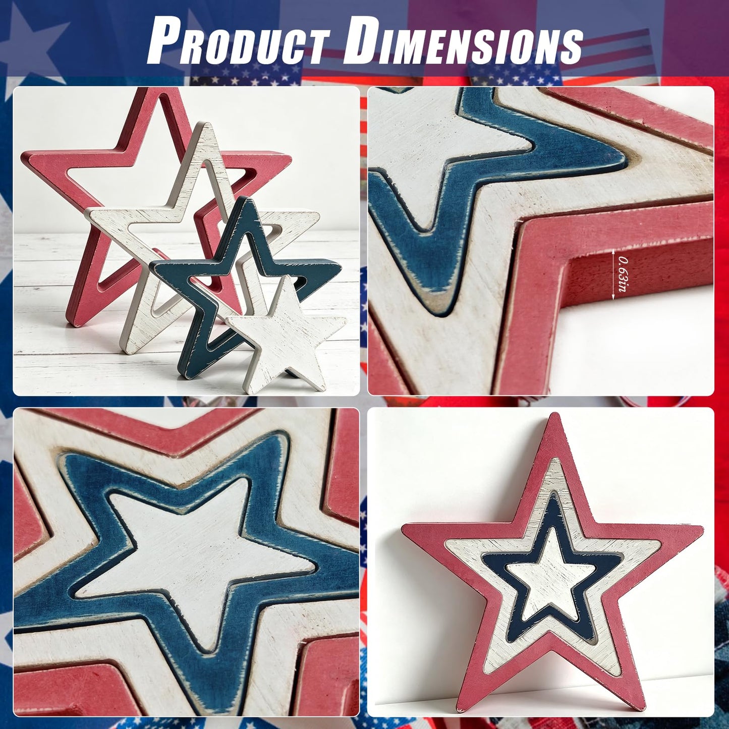 AOCEAN 4th of July Decorations Wooden Stars Set of 4, Red White Blue Stars Decorations, Retro Patriotic Memorial Independence Day Star Decor for Home Office Table Centerpieces Shelf