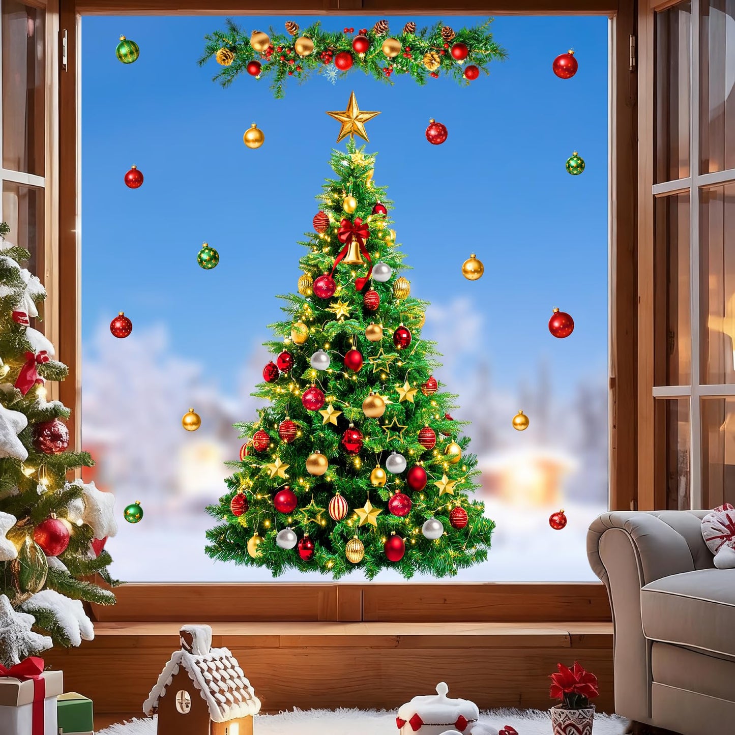 Large Christmas Tree Wall Decals Peel and Stick Merry Christmas Ornament Wall Stickers Removable Winter Tree Decals Xmas Trees Stickers Xmas Holiday Window Sticker for Party Decoration