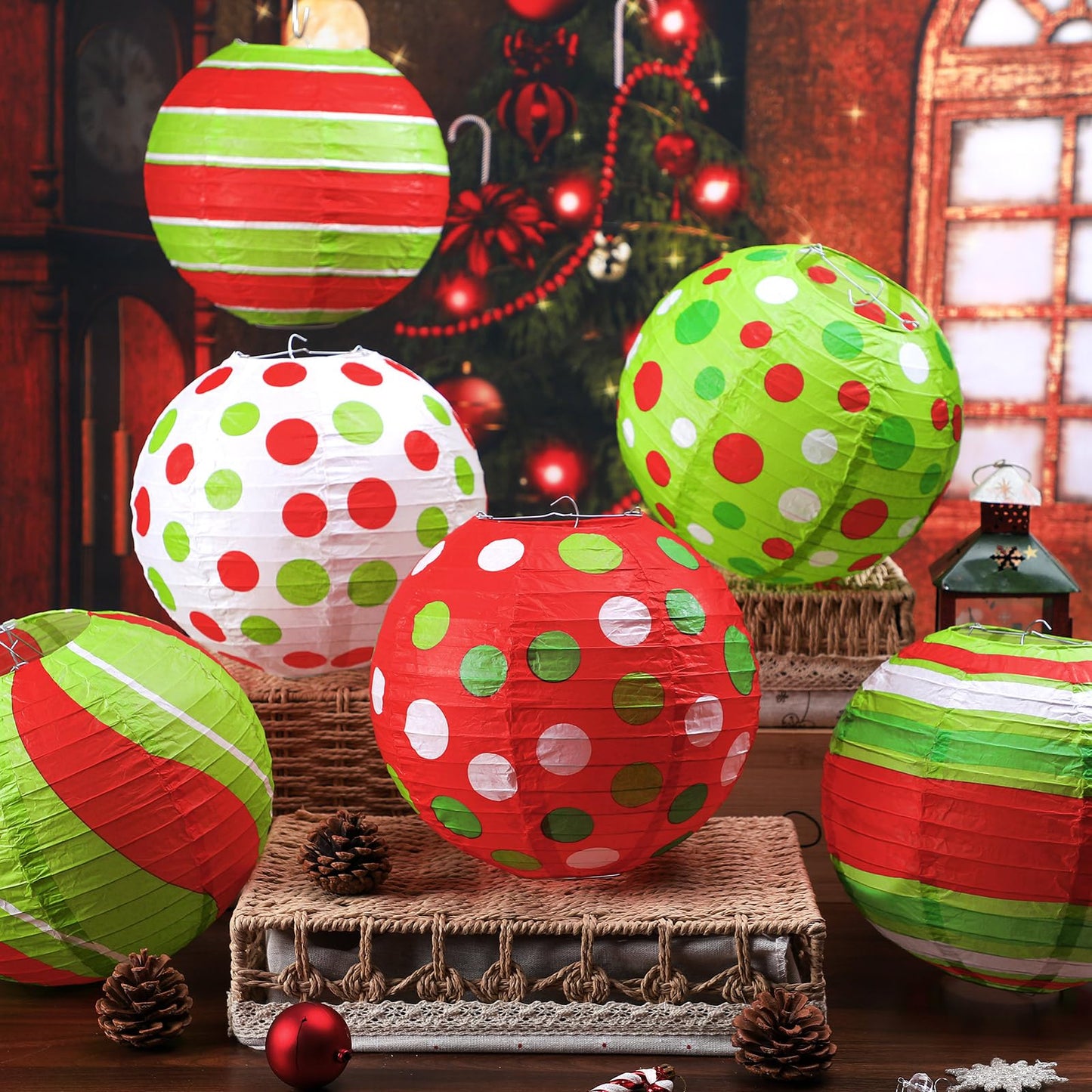 Glooglitter 12 Pcs 10" Red Green Paper Lantern Christmas Party Decorations Hanging Lantern Indoor Outdoor Decorative Christmas Round Ceiling Hanging Decor for Holiday Xmas Party Baby Shower Birthday