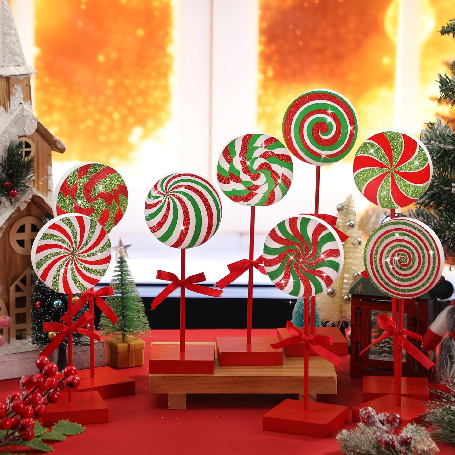 Amyhill 8 Pcs Christmas Candy Wooden Tabletop Decor Glitter Xmas Candy Cane Table Centerpiece Sign for Christmas Tiered Tray Home Desk Office Party Decoration(Exquisite,Red,Green)