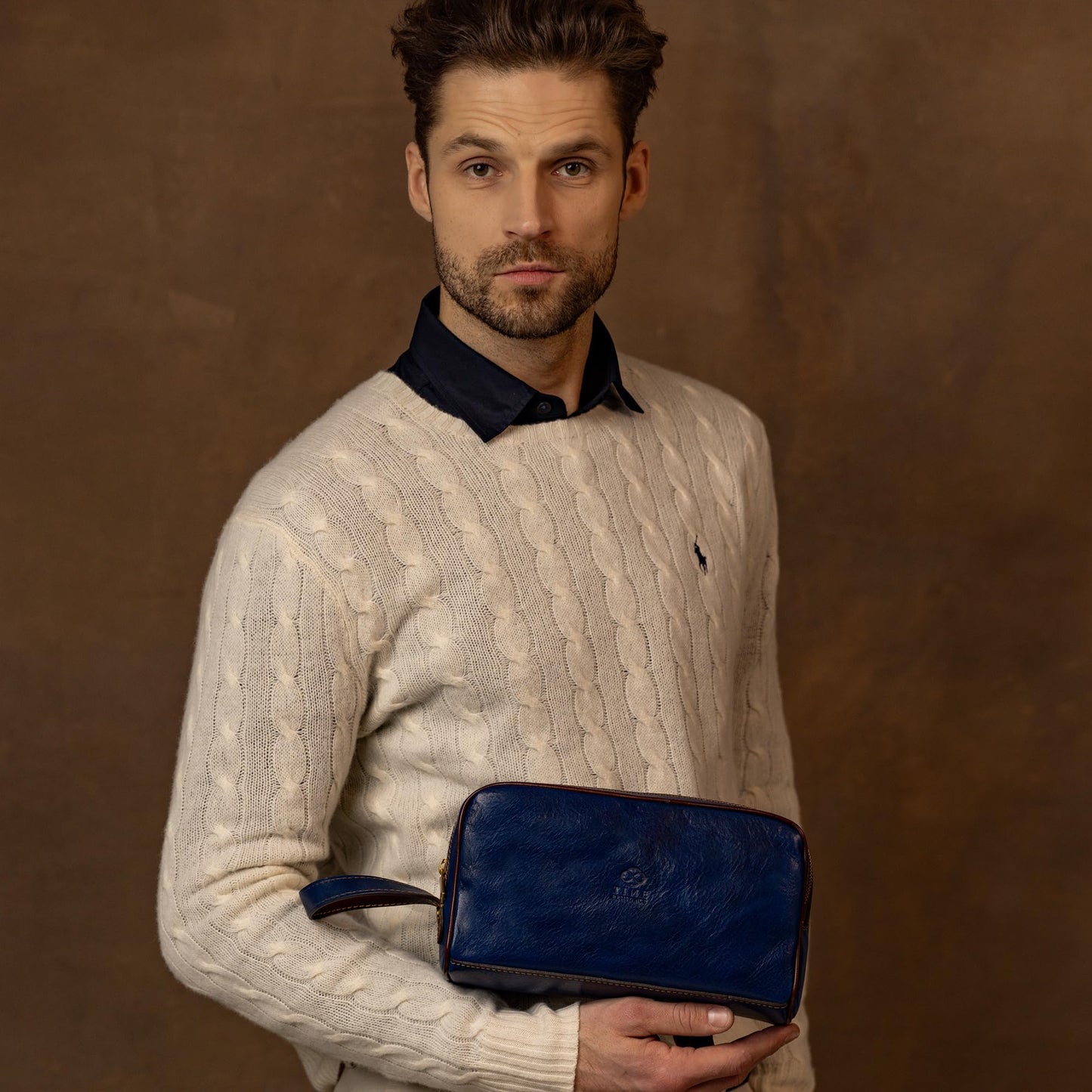 Time Resistance Leather Cosmetic Bag - Italian Toiletry Dopp Kit (Blue)