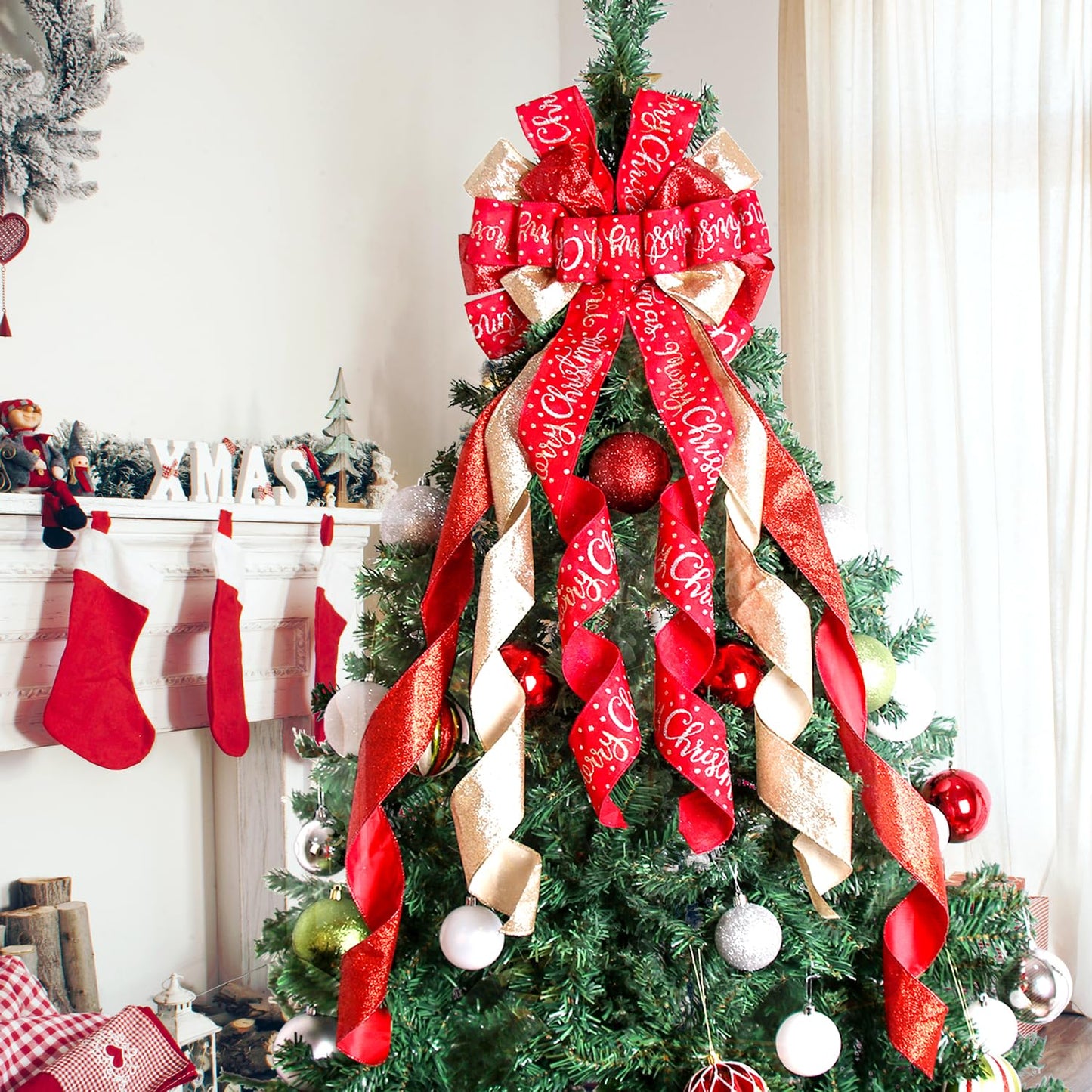Christmas Tree Topper Christmas Wreath Bow 45"x12" Large Christmas Toppers Bow with Letter Patterned for Xmas Tree Rustic Farmhouse Home Holiday Party Decorations Red