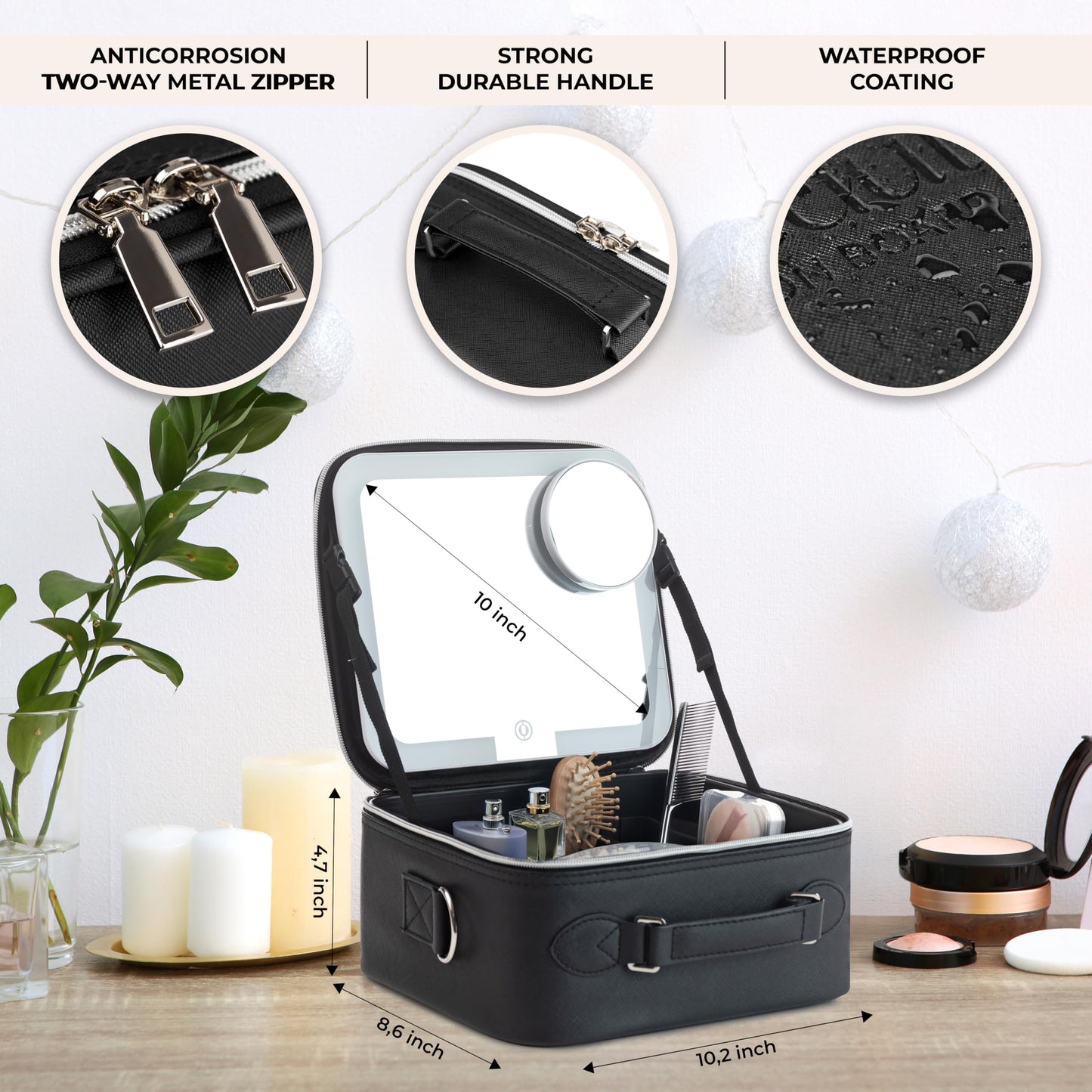 BeautyOnBoard Makeup Bag with LED Mirror, PU Leather Makeup Case - 3 Adjustable Brightness Levels, Lighted Cosmetic Case with Mirror, Dividers - Make Up Portable Storage Travel Organizer with Handle