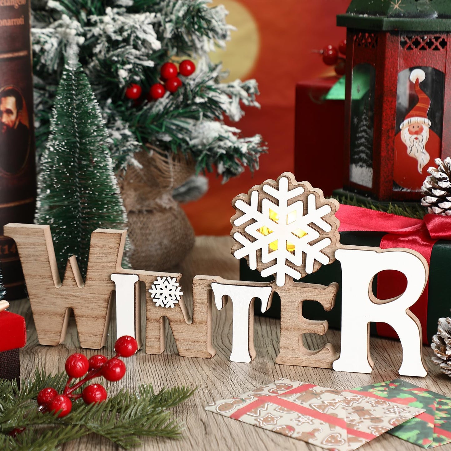Geetery White Winter LED Wooden Sign Rustic Wooden Words Sign Tabletop Centerpiece Decor Snowflake Decorations for Winter Christmas Table Home Indoor Party