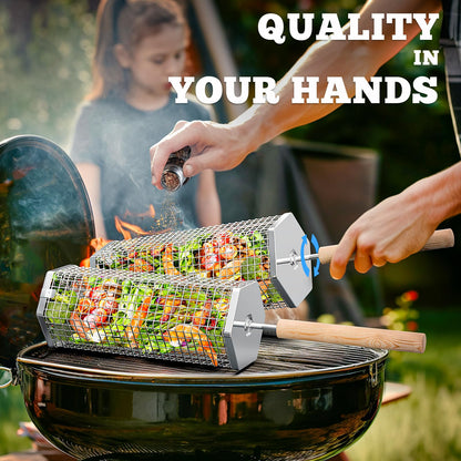ivtivfu Rolling Grill Baskets (Hexagon), Removable Wooden Handle, 304 Stainless Steel, Nesting BBQ Accessories Tools for Vegetables Shrimp, Outdoor Cooking Camping, Birthday Gifts for Men Dad Husband